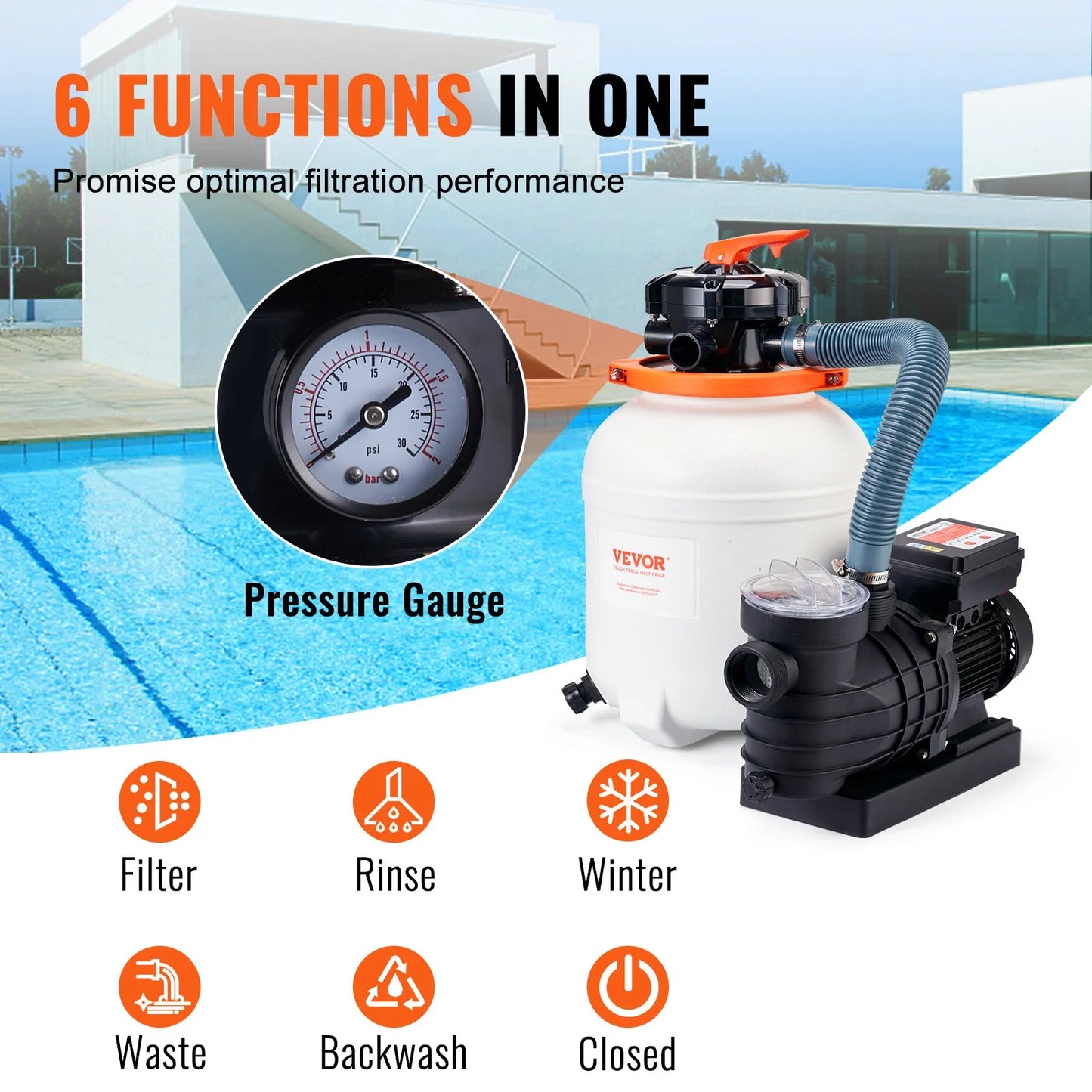 12-Inch 3000 GPH Sand Filter Pump, 1/2 HP, Swimming Pool Pumps System & Filters Combo