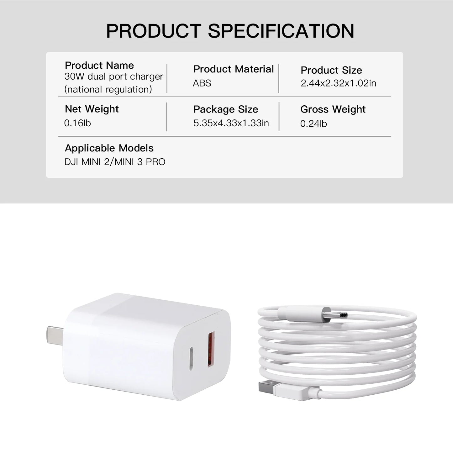 30W USB Charger with Type-C Cable Dual-Port Charging DJI Mini 2/Mini 3 Pro Charging Parts