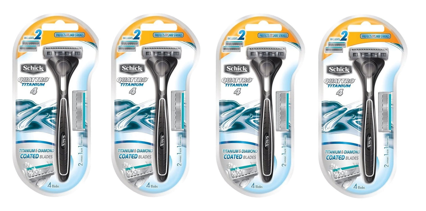 Schick Quattro Razor & Cartridges, Titanium Coated Blades, 1 Razor, 2 Cartridges (Pack of 4)