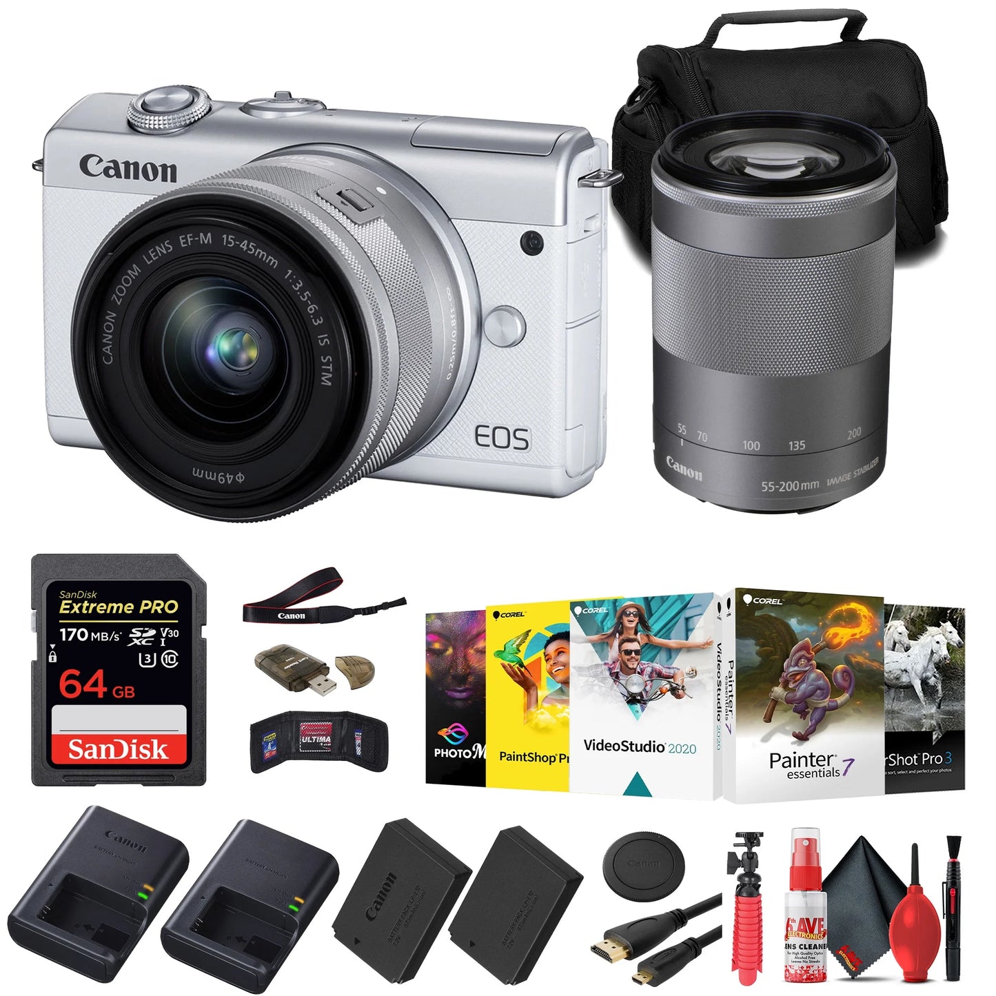 Canon EOS M200 Mirrorless Camera with 15-45mm and 55-200mm Lenses (White) (3700C009) + 64GB Card + Charger + LPE12 Battery + Card Reader + Corel Photo Software + HDMI Cable + Case + More