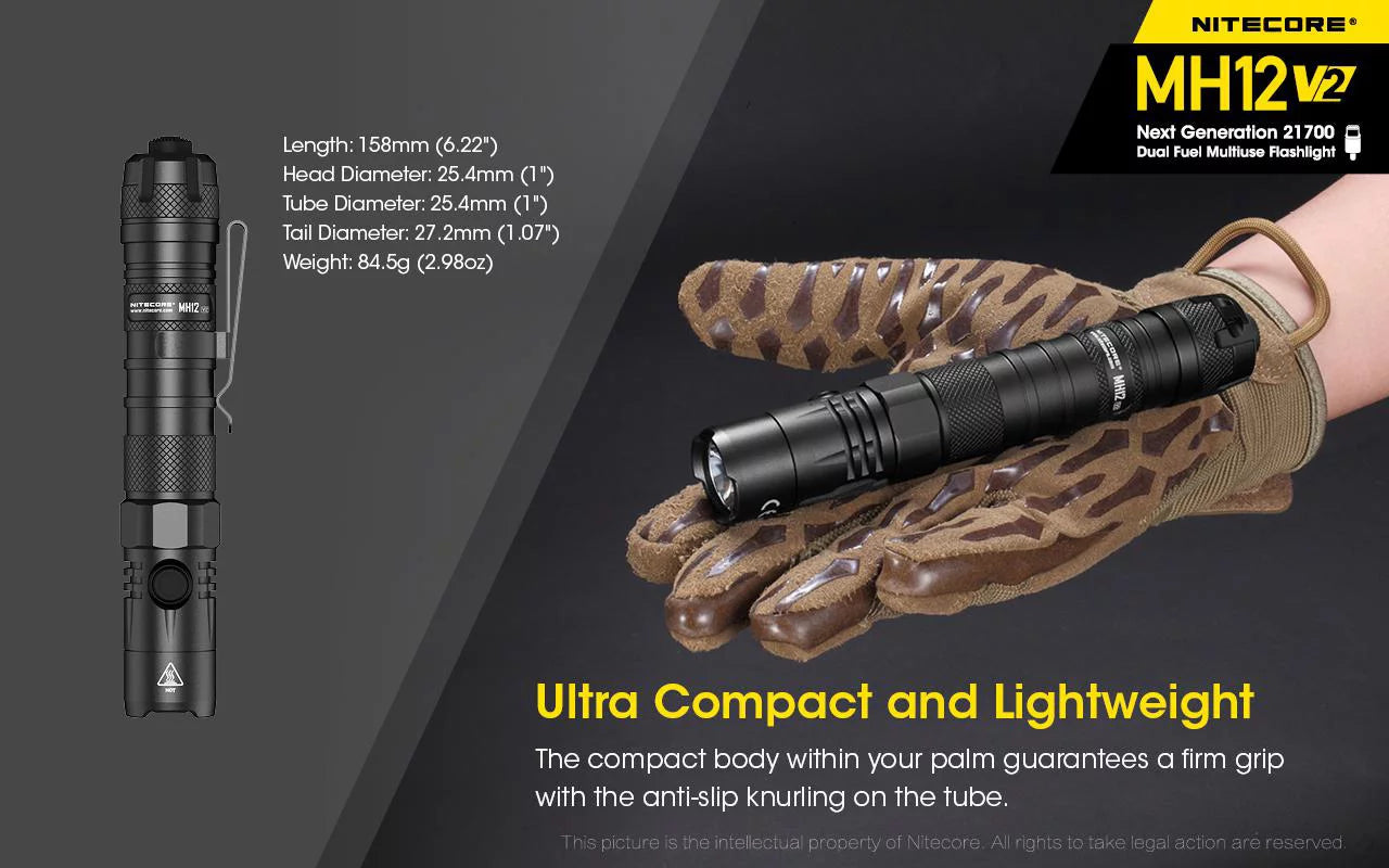 Nitecore MH12 V2 CREE XP-L2 V6 LED Flashlight -1200 Lumens -21700 Battery (Included) w/ One FREE Nitecore TIPKeychain light (Random Color)