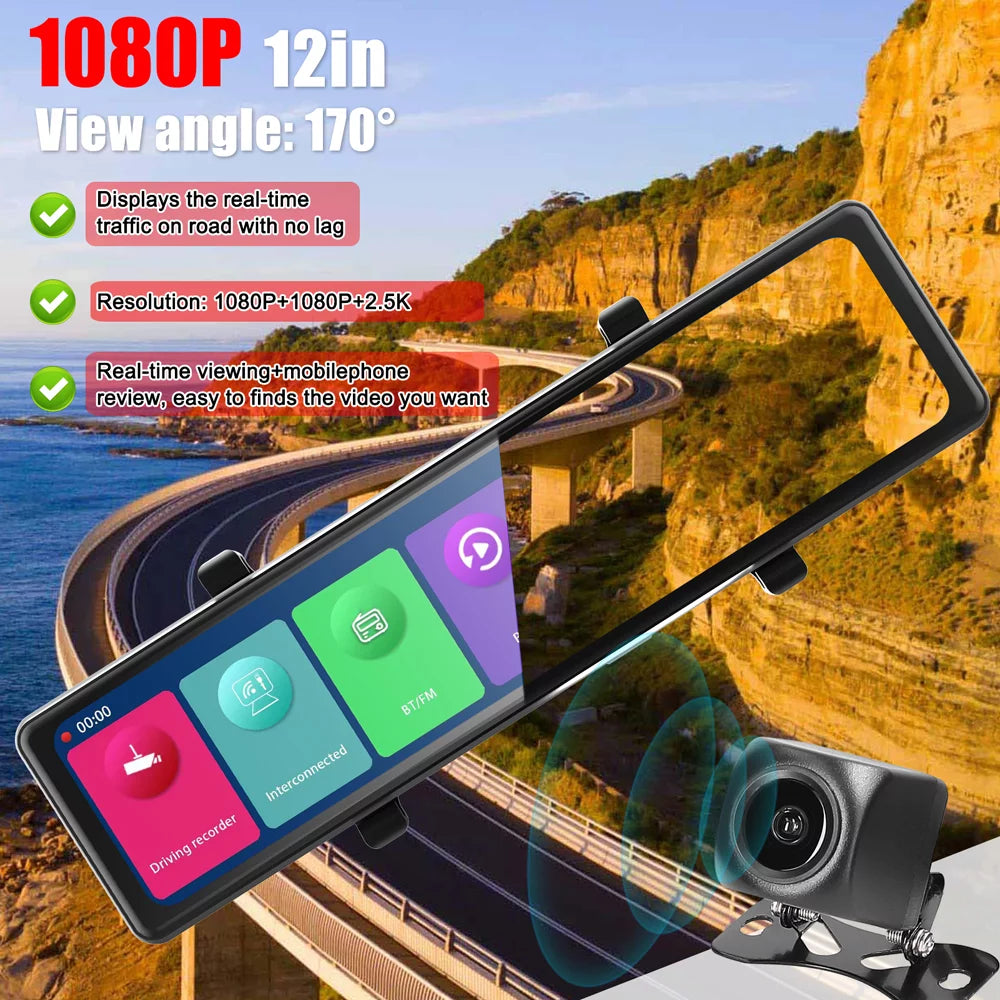 12in Rearview Mirror Dash Cam: 3 Cameras, 2.5K Clear Video Recording - BT Connectivity, Touchscreen, Auto Driving Recorder - Capture Every Moment on the Road