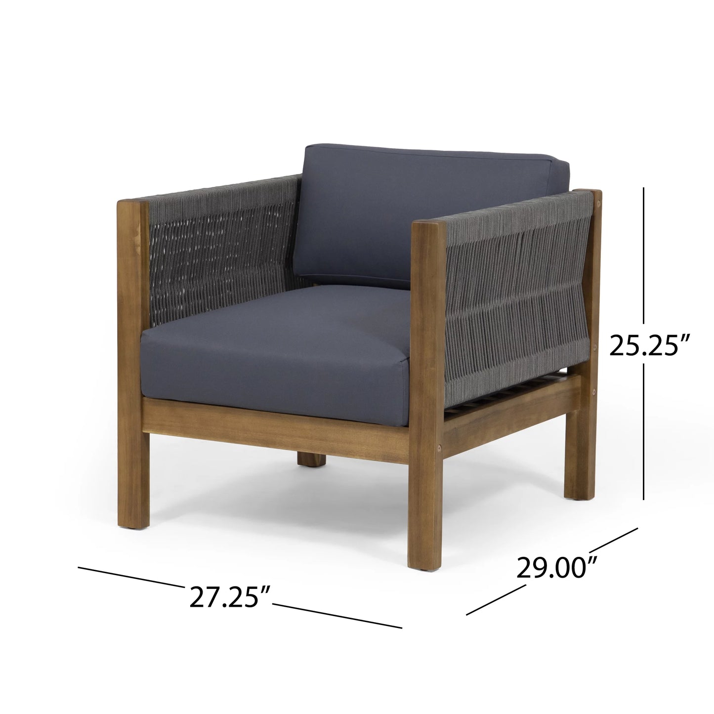 GDF Studio Charlotte Outdoor Acacia Wood and Rope 4 Seater Chat Set with Cushions, Teak and Gray