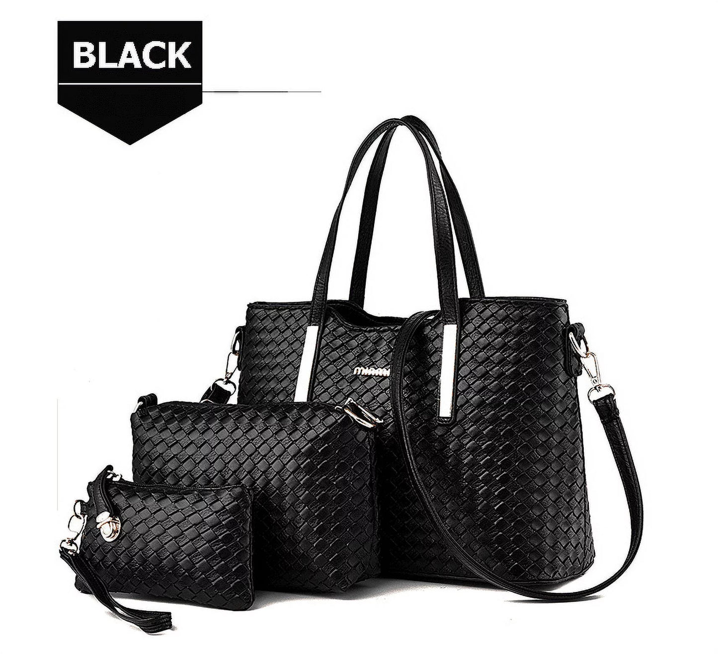 Smarit Women Pu Leather Weave Handbag Purse Bag Set 3 Pieces Tote Bag Set Shoulder Bags Big Capacity