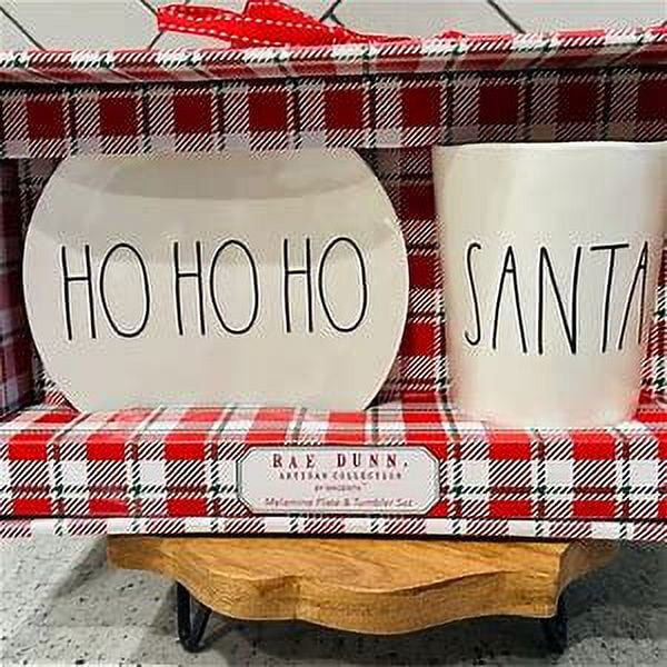 Rae Dunn HO HO HO Oval Plate and SANTA Tumbler Ivory Melamine with Black LL Letters Gift Set Christmas