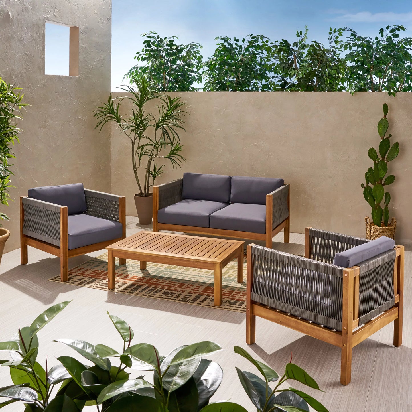 GDF Studio Charlotte Outdoor Acacia Wood and Rope 4 Seater Chat Set with Cushions, Teak and Gray