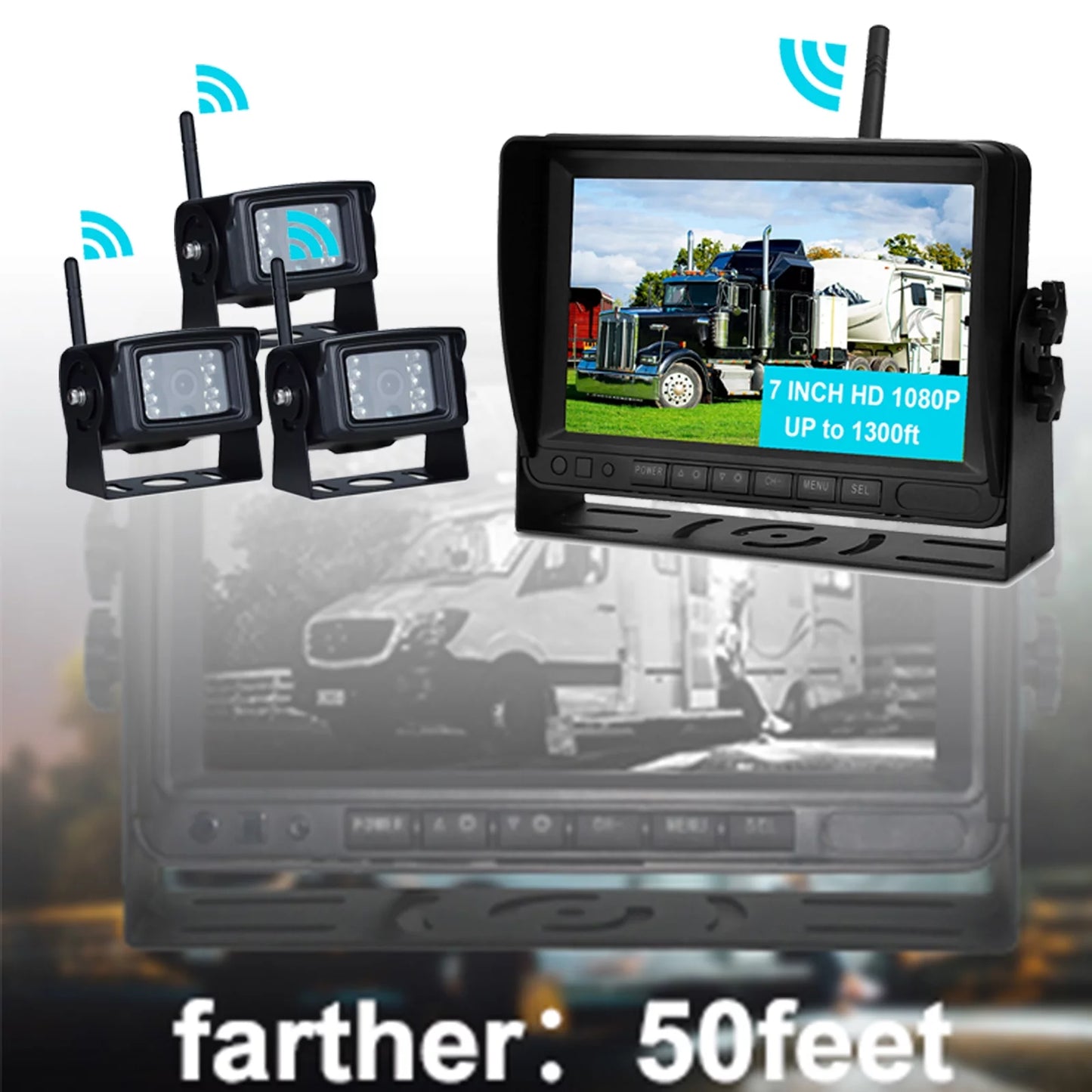 7" Display AHD 1080P Wireless 3CH Rear View Backup Camera Kit Truck Trailer