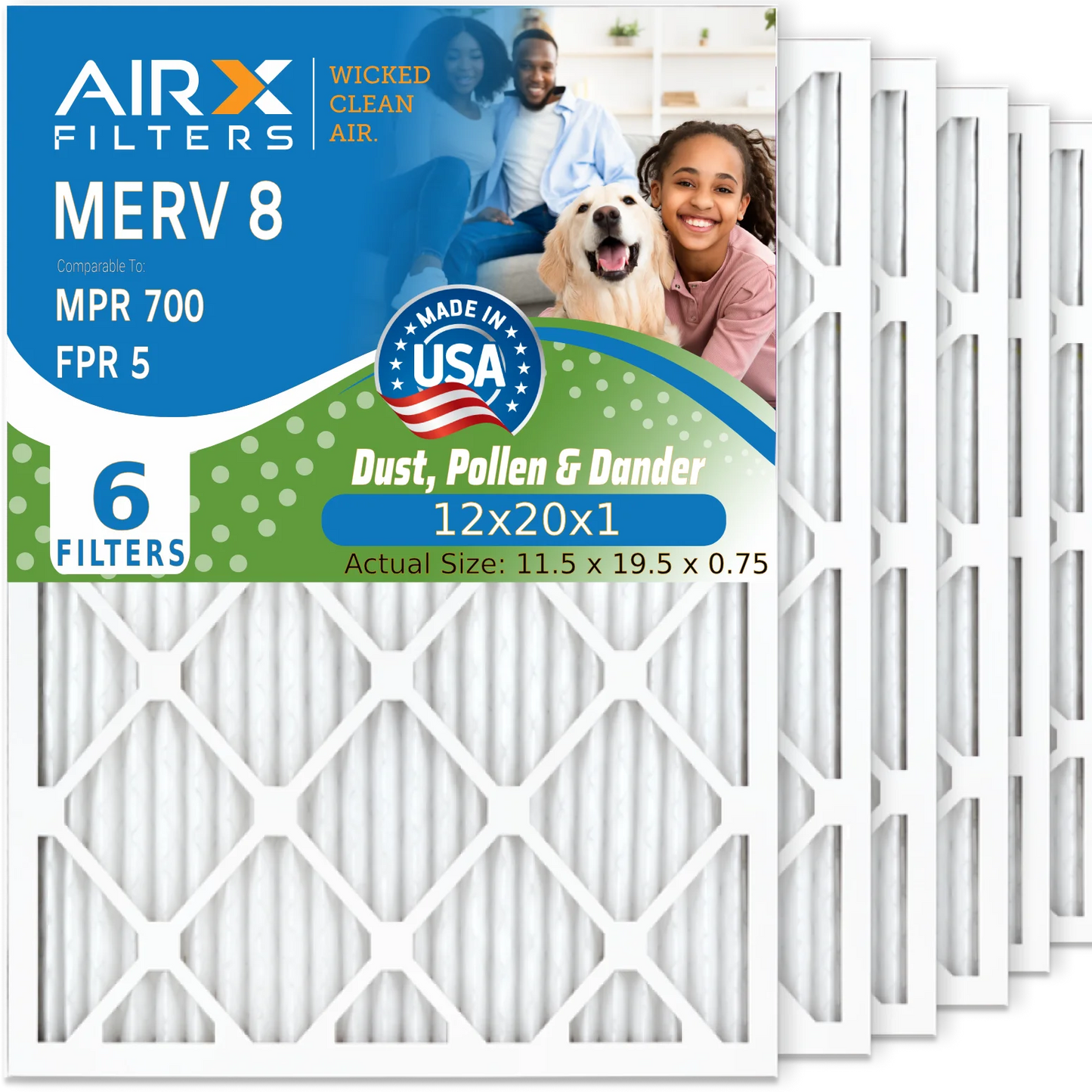 12x20x1 Air Filter MERV 8 Comparable to MPR 700 & FPR 5 Electrostatic Pleated Air Conditioner Filter 6 Pack HVAC AC Premium USA Made 12x20x1 Furnace Filters by AIRX FILTERS WICKED CLEAN AIR.