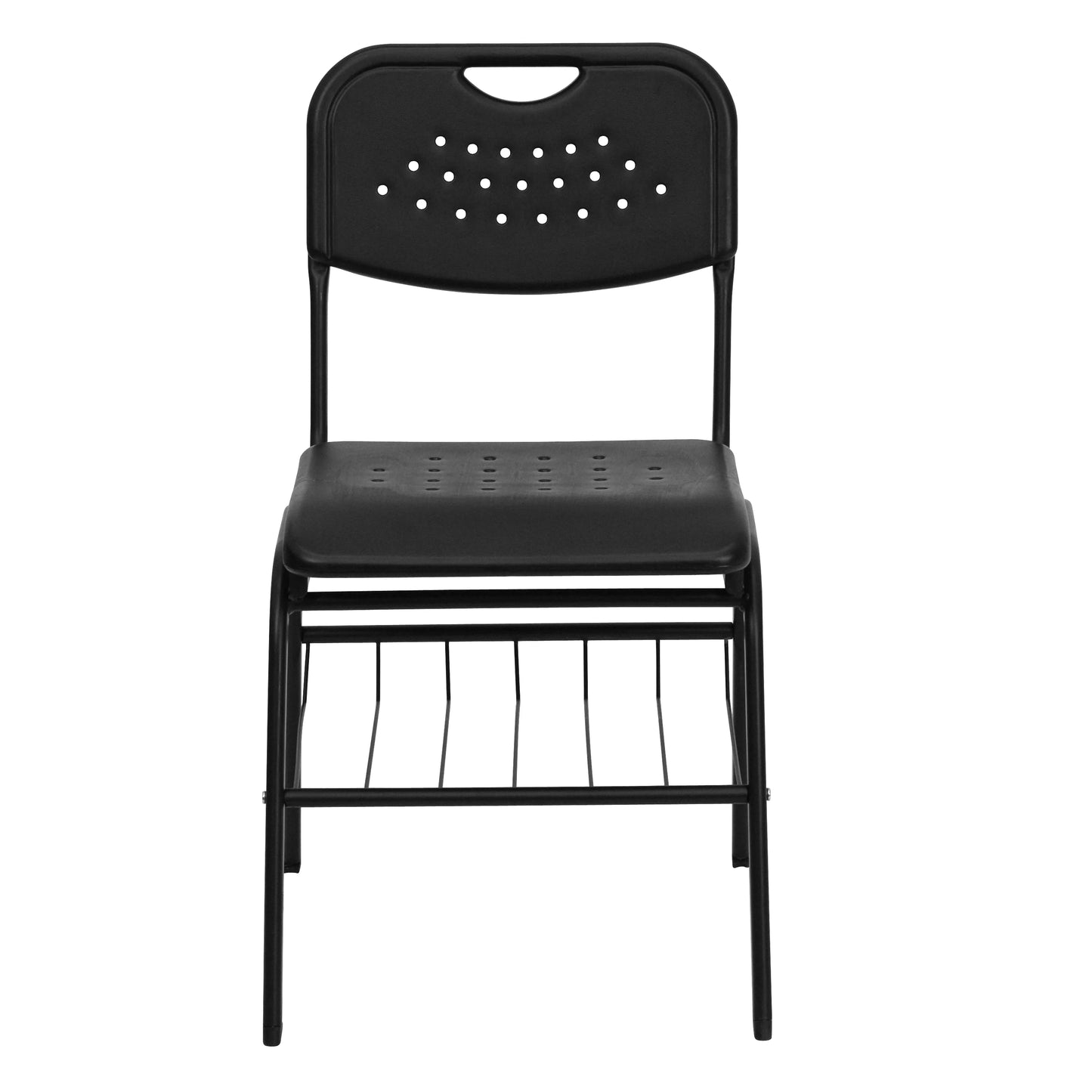 BizChair 880 lb. Capacity Black Plastic Chair with Black Frame and Book Basket