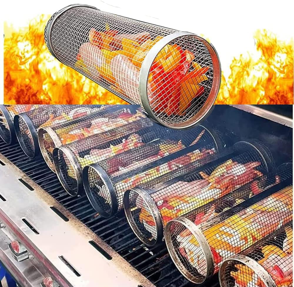 2PC Rolling Grilling Basket,Round Barbecue BBQ Grilling Basket ,Portable Outdoor Camping BBQ Rack Fish, Shrimp, Vegetables, Barbeque Griller Cooking Accessories