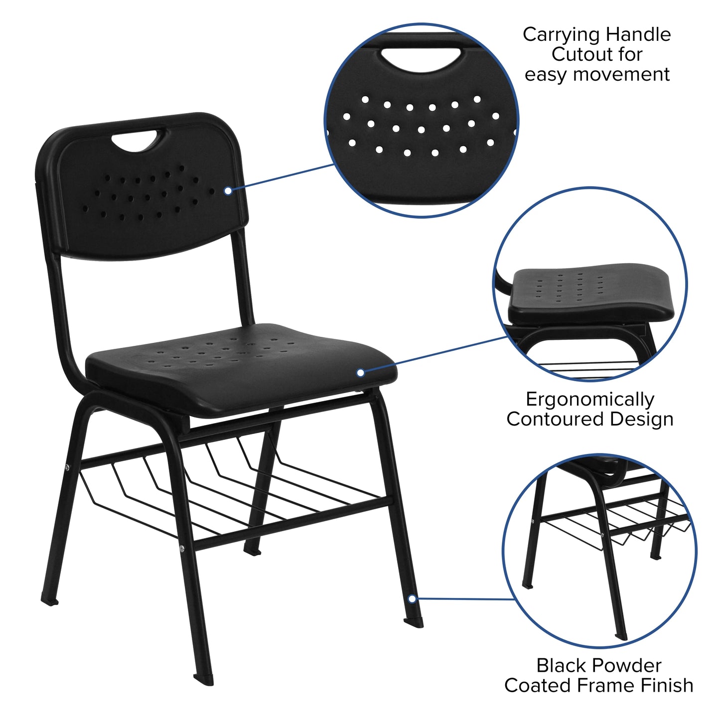 BizChair 880 lb. Capacity Black Plastic Chair with Black Frame and Book Basket