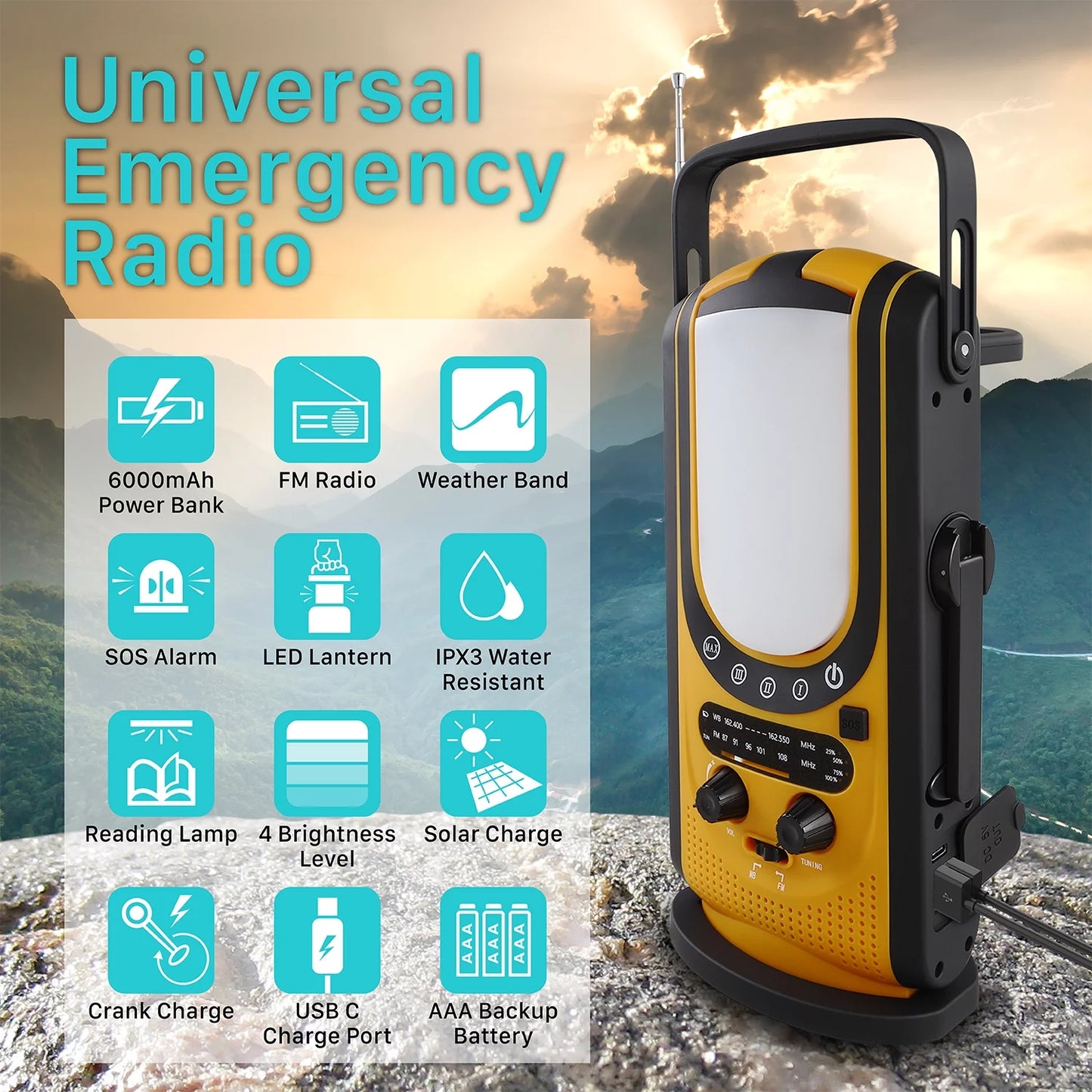 FosPower 6,000mAh Emergency Radio (Model A7) Power Bank Charger & Lantern with Reading Light, FM/NOAA Alert, Solar Charging, Hand Crank & SOS Alarm Camping & Outdoors