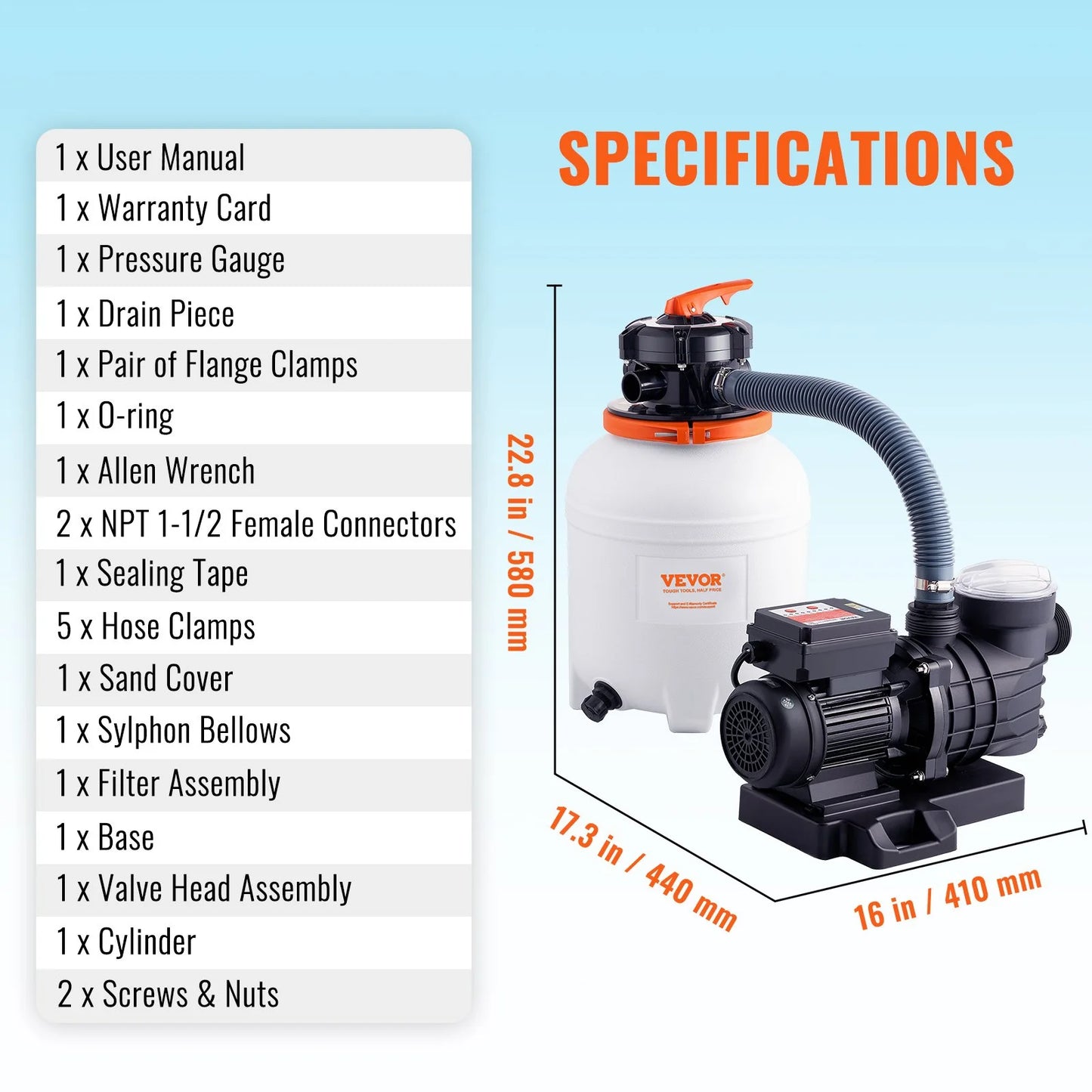12-Inch 3000 GPH Sand Filter Pump, 1/2 HP, Swimming Pool Pumps System & Filters Combo