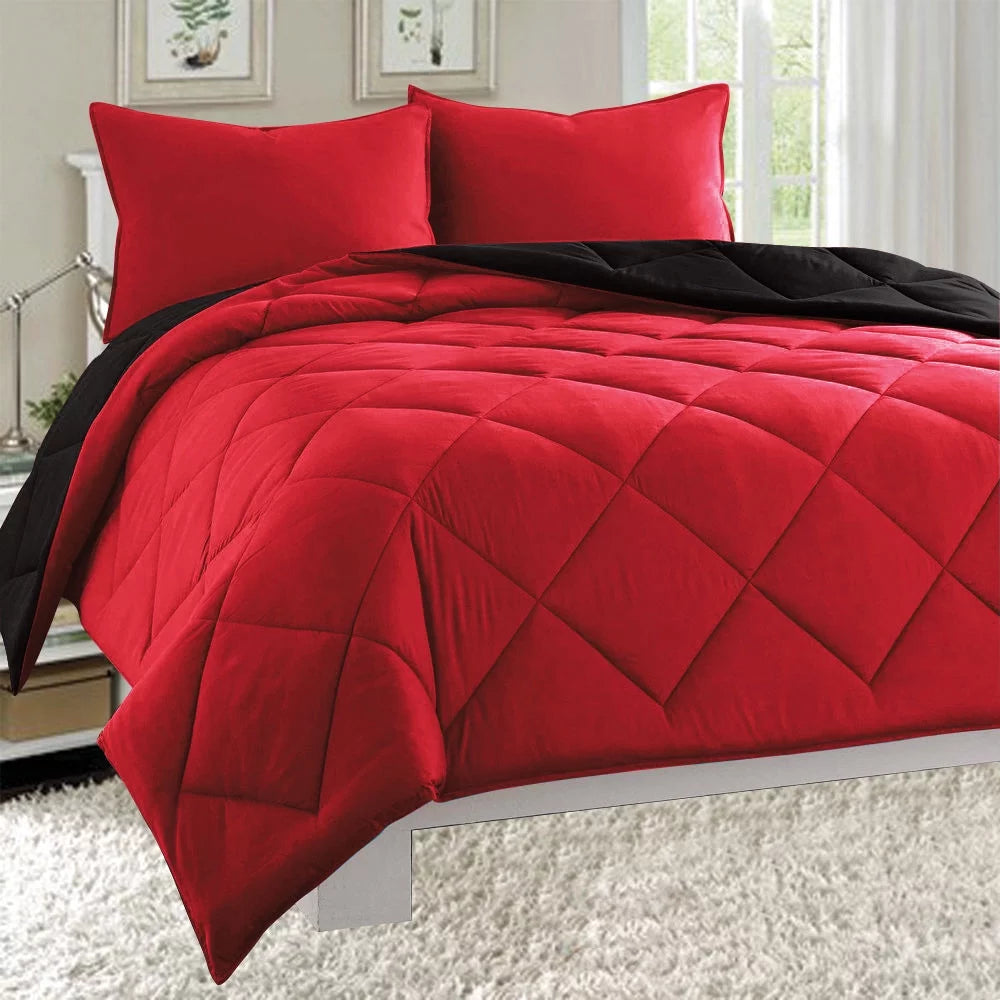 Empire 3pc Reversible Comter Set Microfiber Quilted Bed Protection Twin - Red / Black