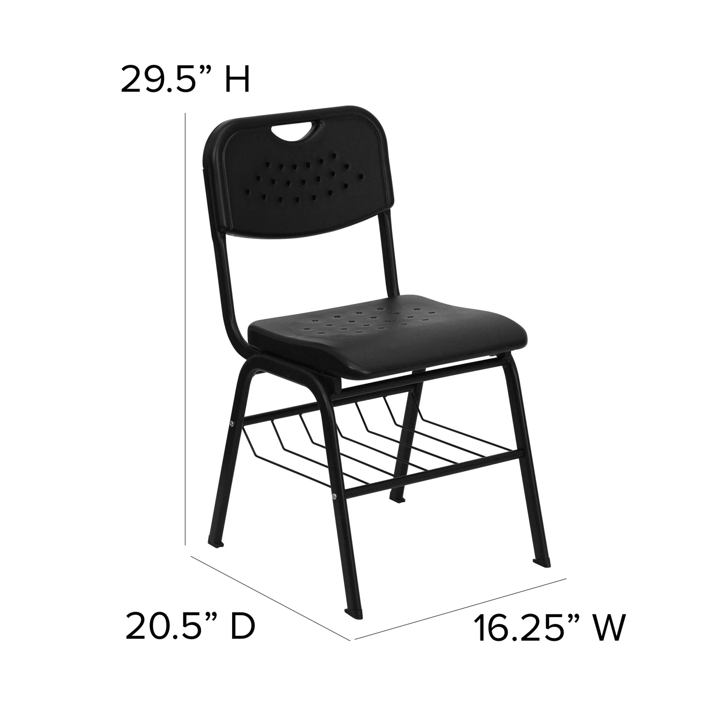 BizChair 880 lb. Capacity Black Plastic Chair with Black Frame and Book Basket