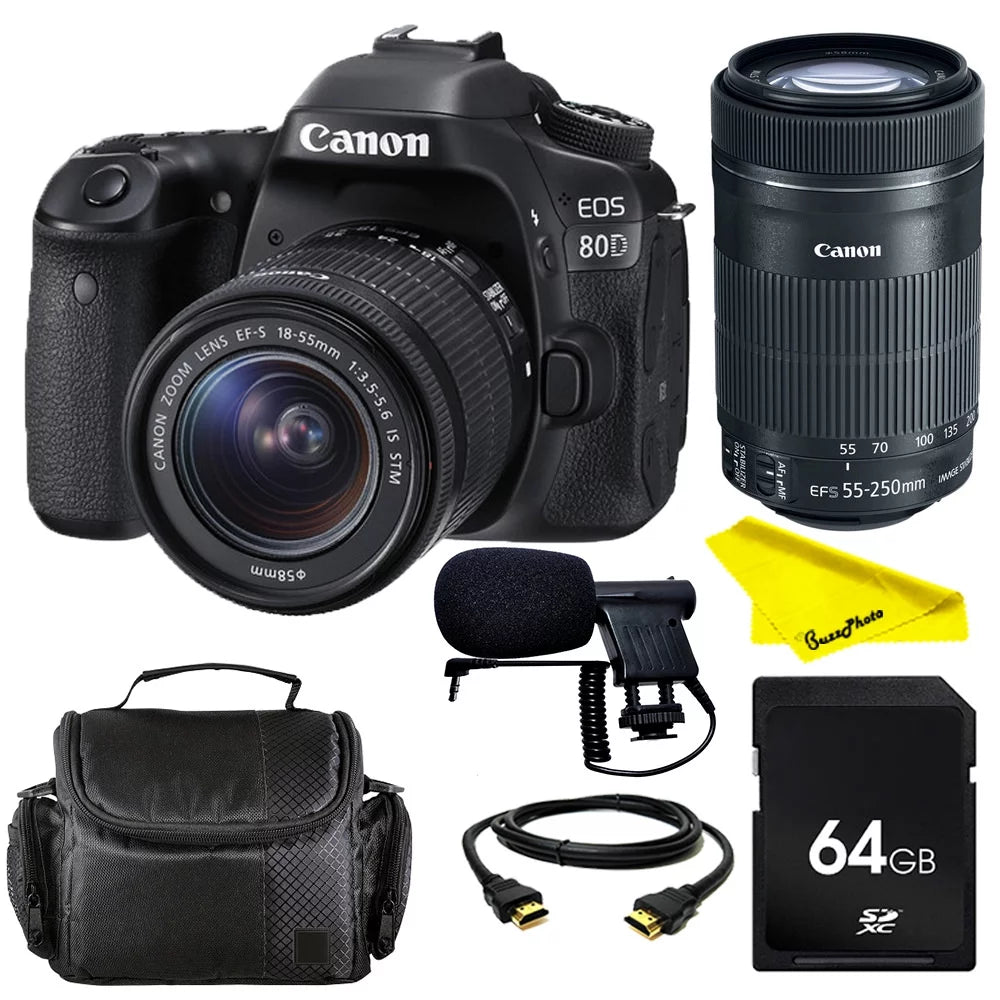 Canon EOS 80D DSLR Camera with 18-55mm IS STM & 55-250 IS STM Lenses + SD Card + Buzz-Photo Video Creator Bundle