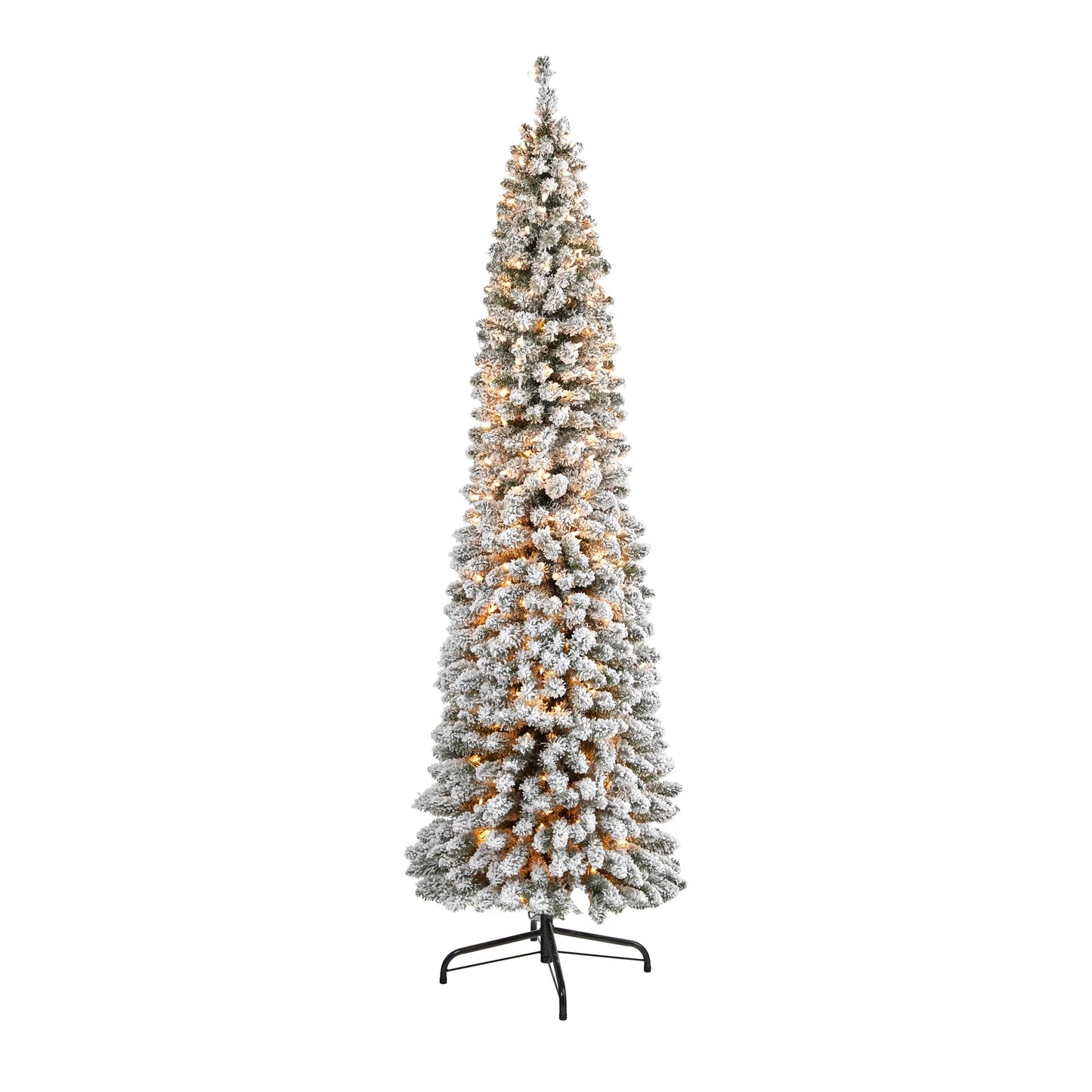 Nearly Natural 7' White Flocked Pencil Artificial Christmas Tree Prelit 400 Clear Lights