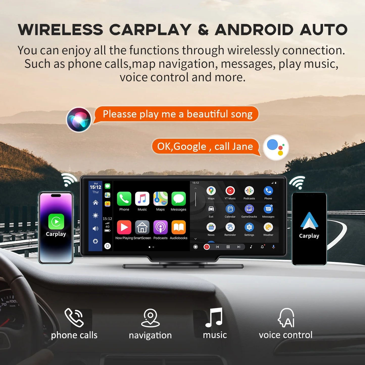 Herilary Wireless Apple Carplay Screen Car Stereo Android Auto Car Play Adapter 10.26" Touch Screen Wireless Carplay with 2.5K Dash Cam, Mirror Link/Siri/Wifi/Bluetooth/Double Din