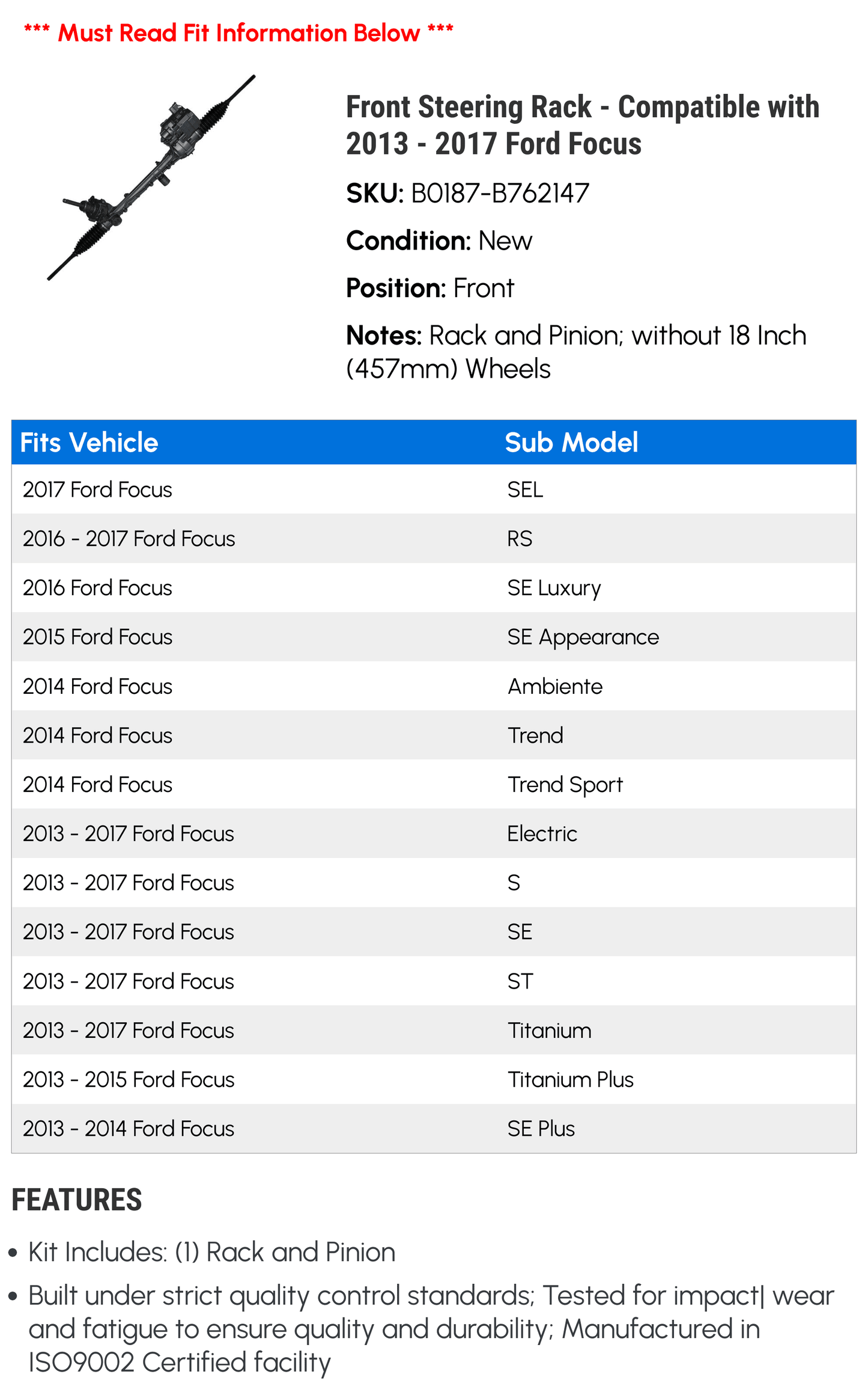 Front Steering Rack - with 2013 - 2017 Ford Focus 2014 2015 2016