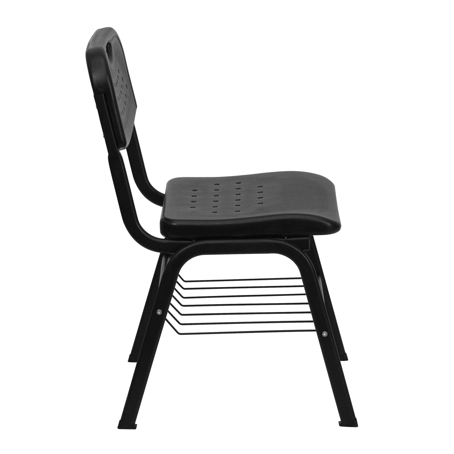 BizChair 880 lb. Capacity Black Plastic Chair with Black Frame and Book Basket