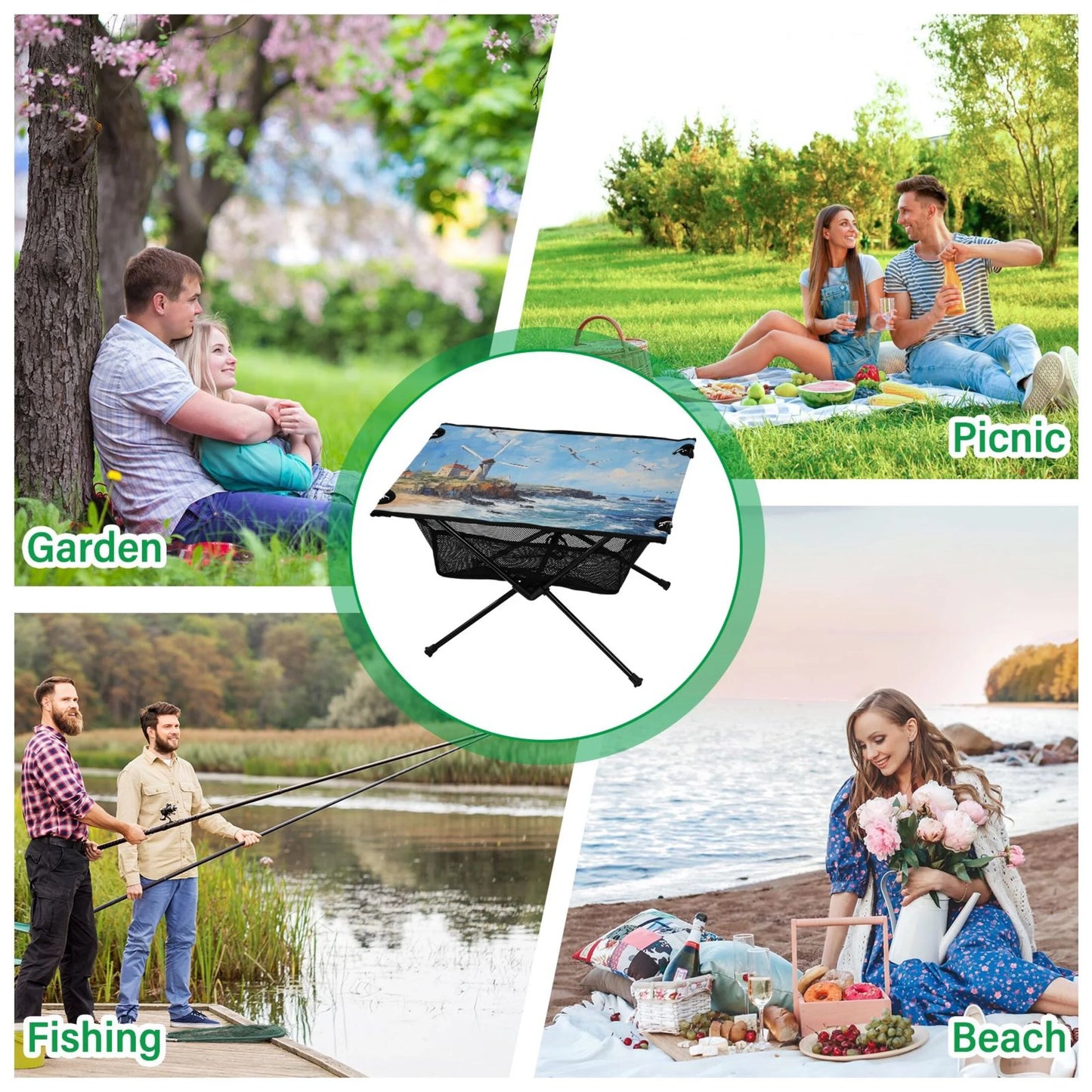 Landscape Paint Camping Foldable Portable Table Beach Table with Storage Bag Compact Picnic Table Outdoor Hiking Fishing BBQ