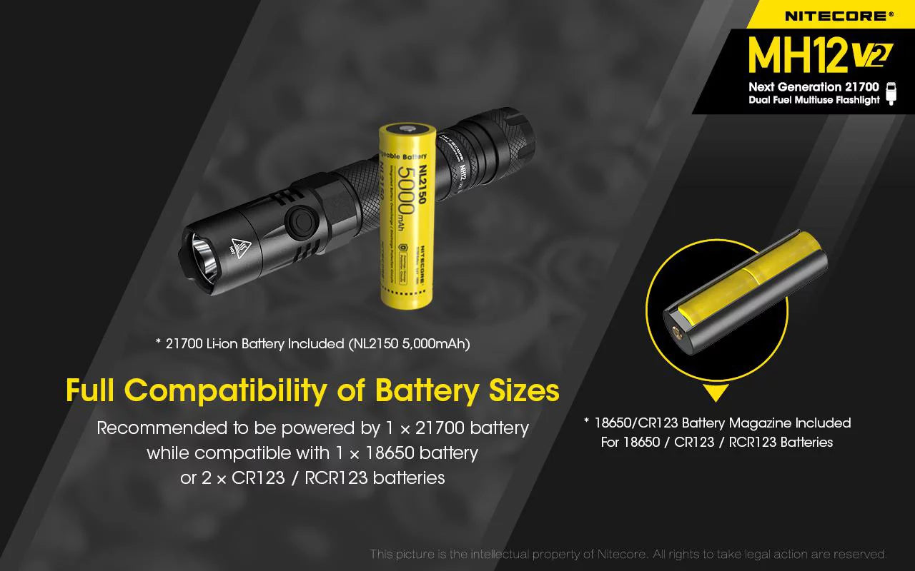 Nitecore MH12 V2 CREE XP-L2 V6 LED Flashlight -1200 Lumens -21700 Battery (Included) w/ One FREE Nitecore TIPKeychain light (Random Color)