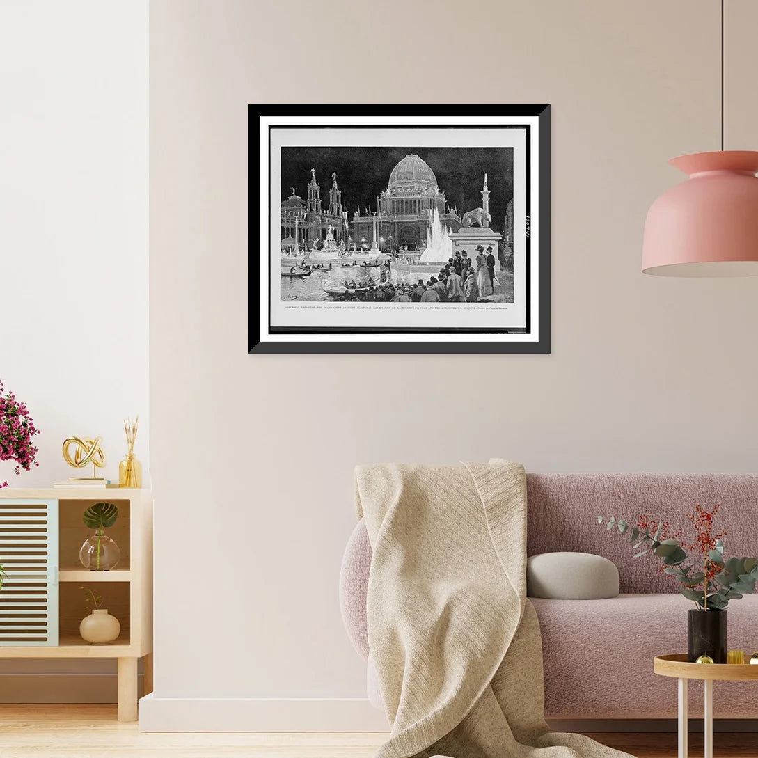 Historic Framed Print, Columbian Exposition. the grand court at night. electrical illumination of MacMonnies's fountain and the administration building.drawn by Charles Graham., 17-7/8" x 21-7/8"