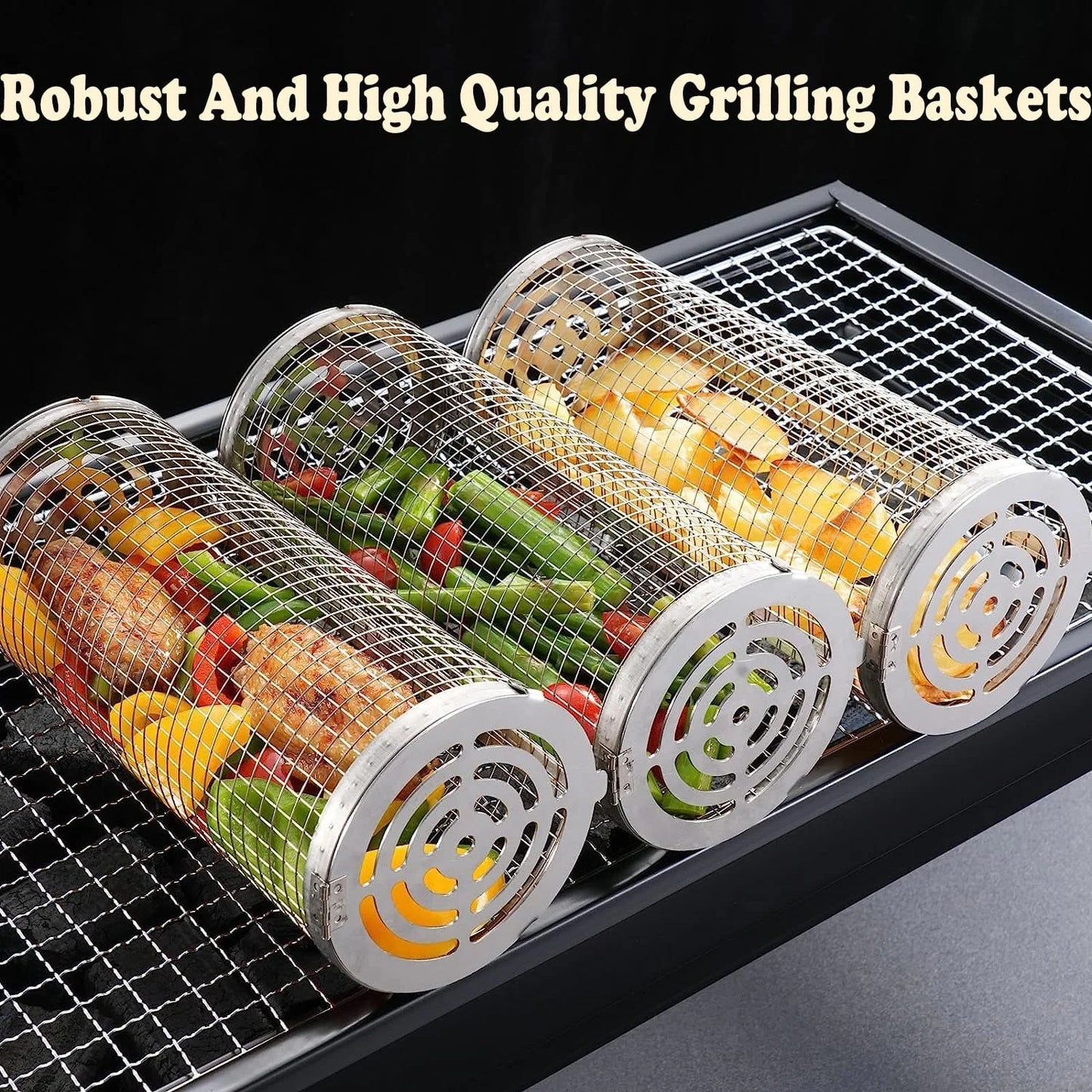 2PC Rolling Grilling Basket,Round Barbecue BBQ Grilling Basket ,Portable Outdoor Camping BBQ Rack Fish, Shrimp, Vegetables, Barbeque Griller Cooking Accessories