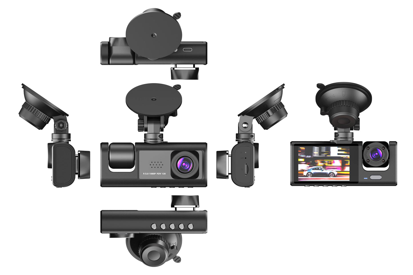 3 Channel Dash cam, 2-inch Screen Driving Recorder, High-Definition 1080P, Night Vision, Loop recording, Motion Detection, G-Sensor +32 GB SD Card