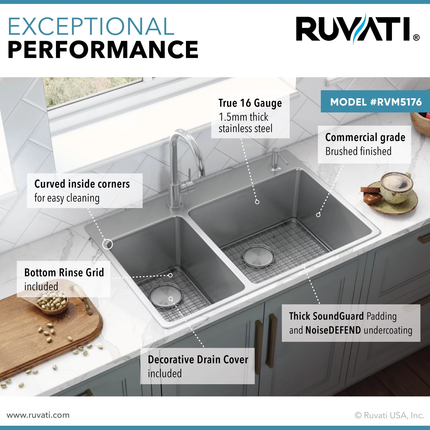Ruvati RVM5176 33 x 22 inch Drop-in Topmount 16 Gauge Kitchen Sink
