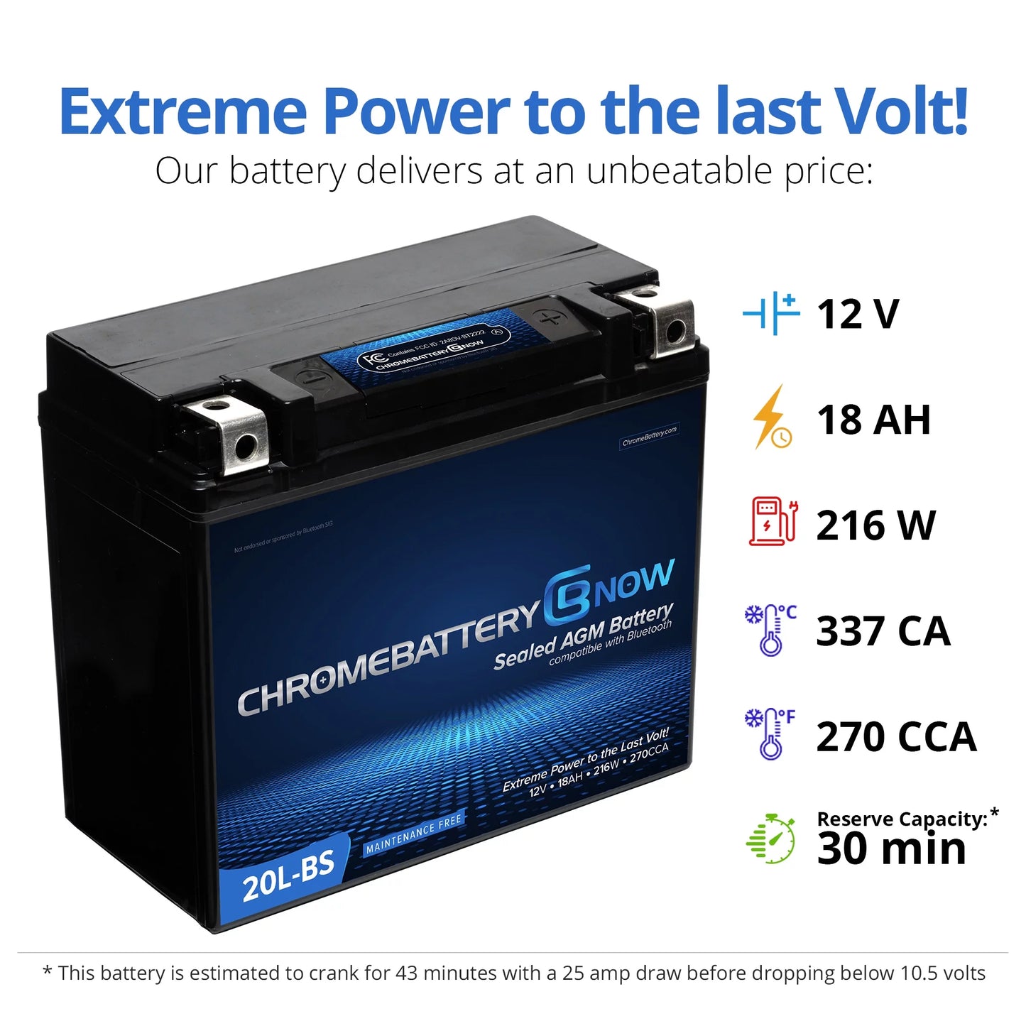 Chrome Battery Now Ytx20l-bs (20l-bs 12 Volt,18 Ah, 270 Cca) Intelligent Wireless Smartphone Connectivity AGM Battery Personal Watercraft - Brp (sea-doo) 1500 All Models Years (1988 - 1993)