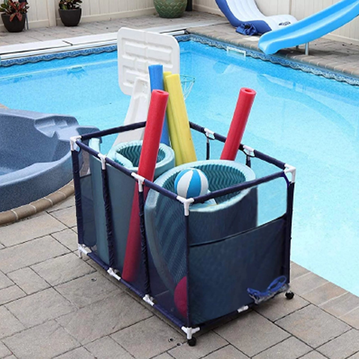 Essentially Yours Pool Noodles Holder, Toys, Floats, Balls and Floats Equipment Mesh Rolling Storage Organizer Bin, Kids Height, Large, (43" W x 25" L x 28" H), Blue Style 563009
