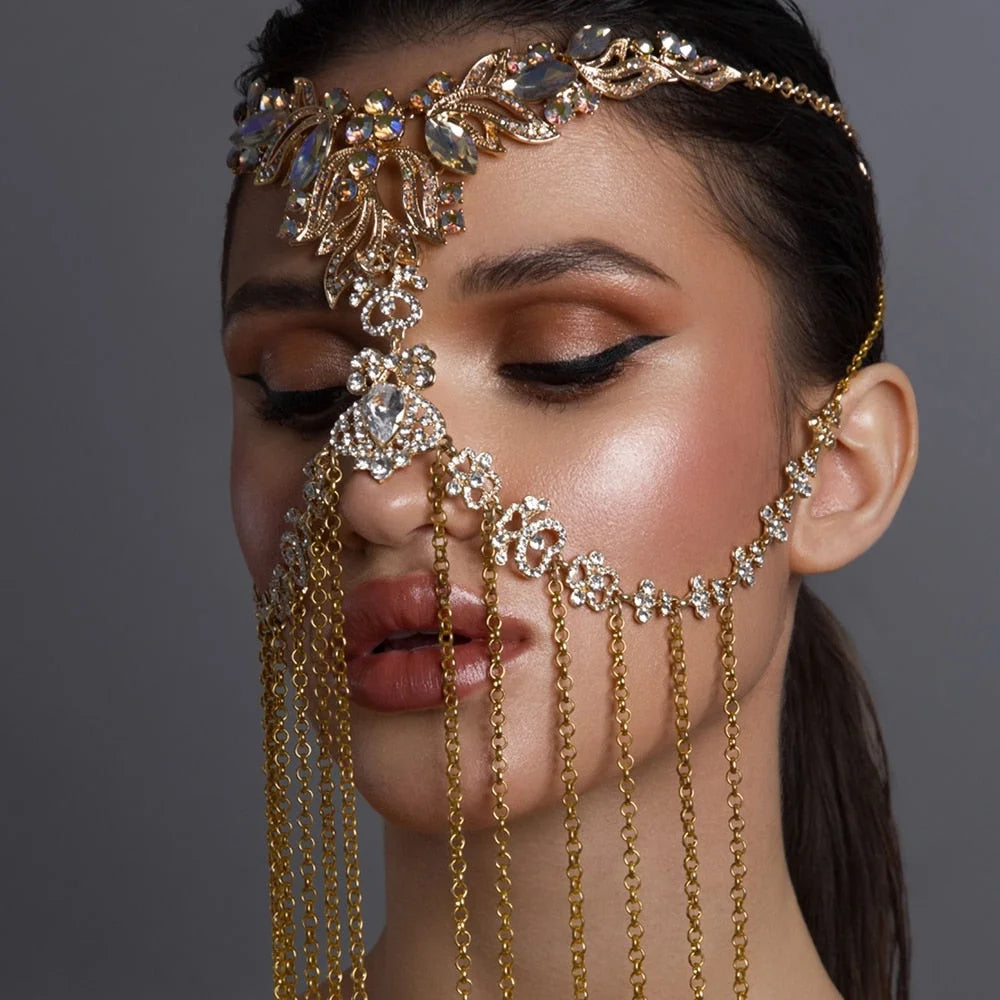 Crystal Face Chain Costumes Halloween Mask Women Headpiece Tassel Hair Jewelry Face Jewelry Rhinestone