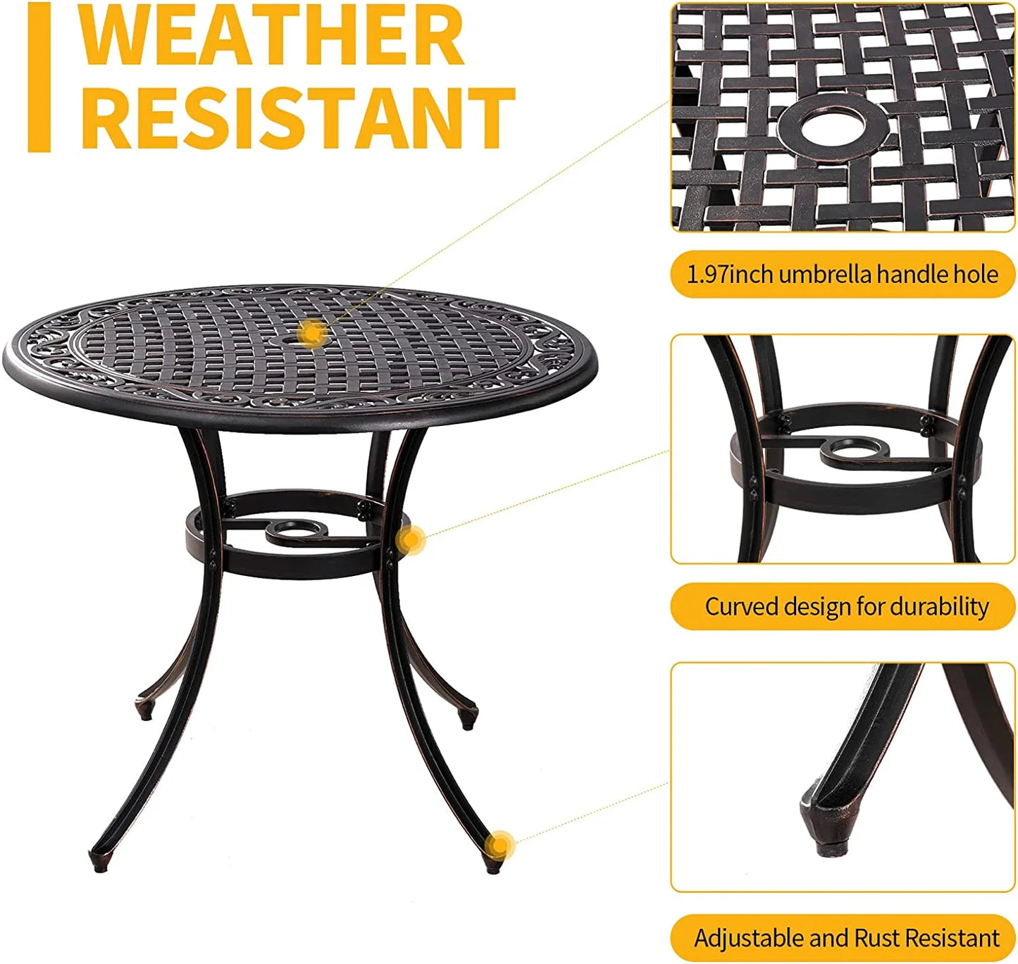 35.5 Inch Patio Bistro Dining Table, Cast Aluminum Patio Table with 1.97" Umbrella Hole,Round Outdoor Dining Table Garden, Patio, Porch