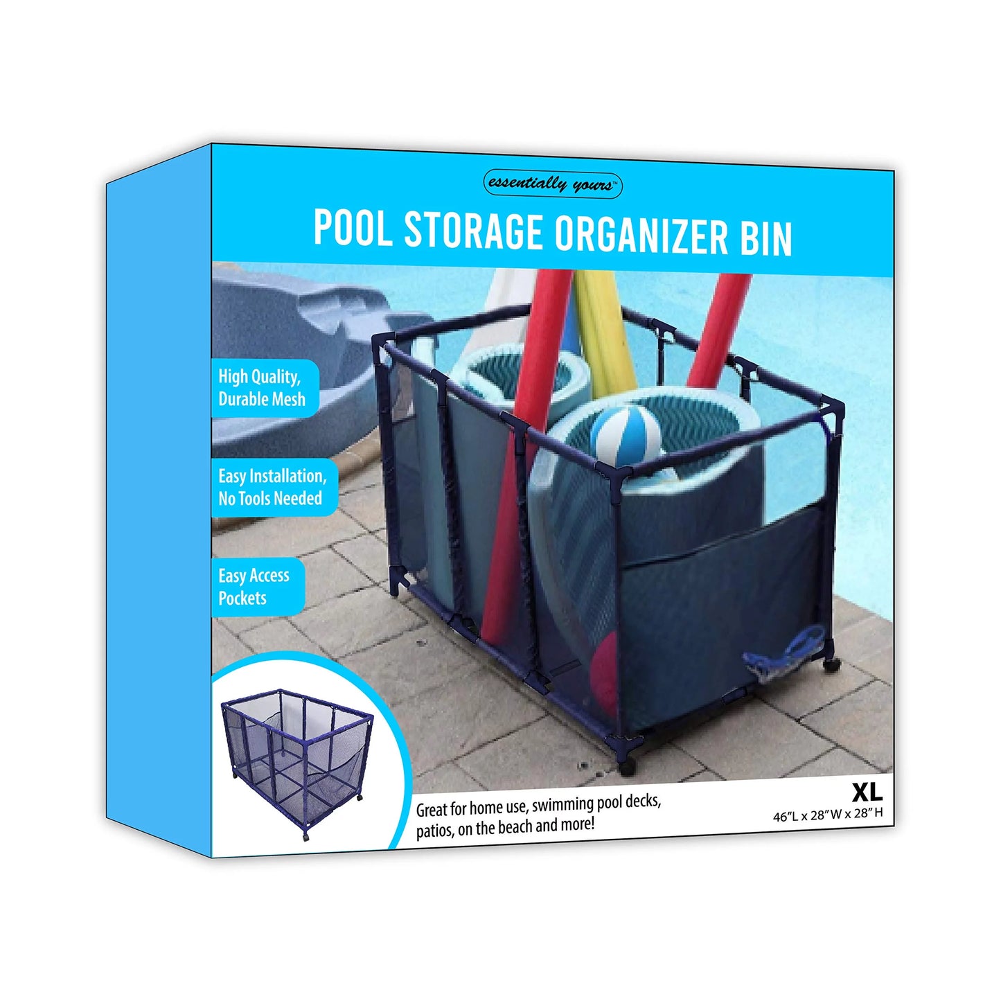 Essentially Yours Pool Noodles Holder, Toys, Floats, Balls and Floats Equipment Mesh Rolling Storage Organizer Bin, Kids Height, Large, (43" W x 25" L x 28" H), Blue Style 563009