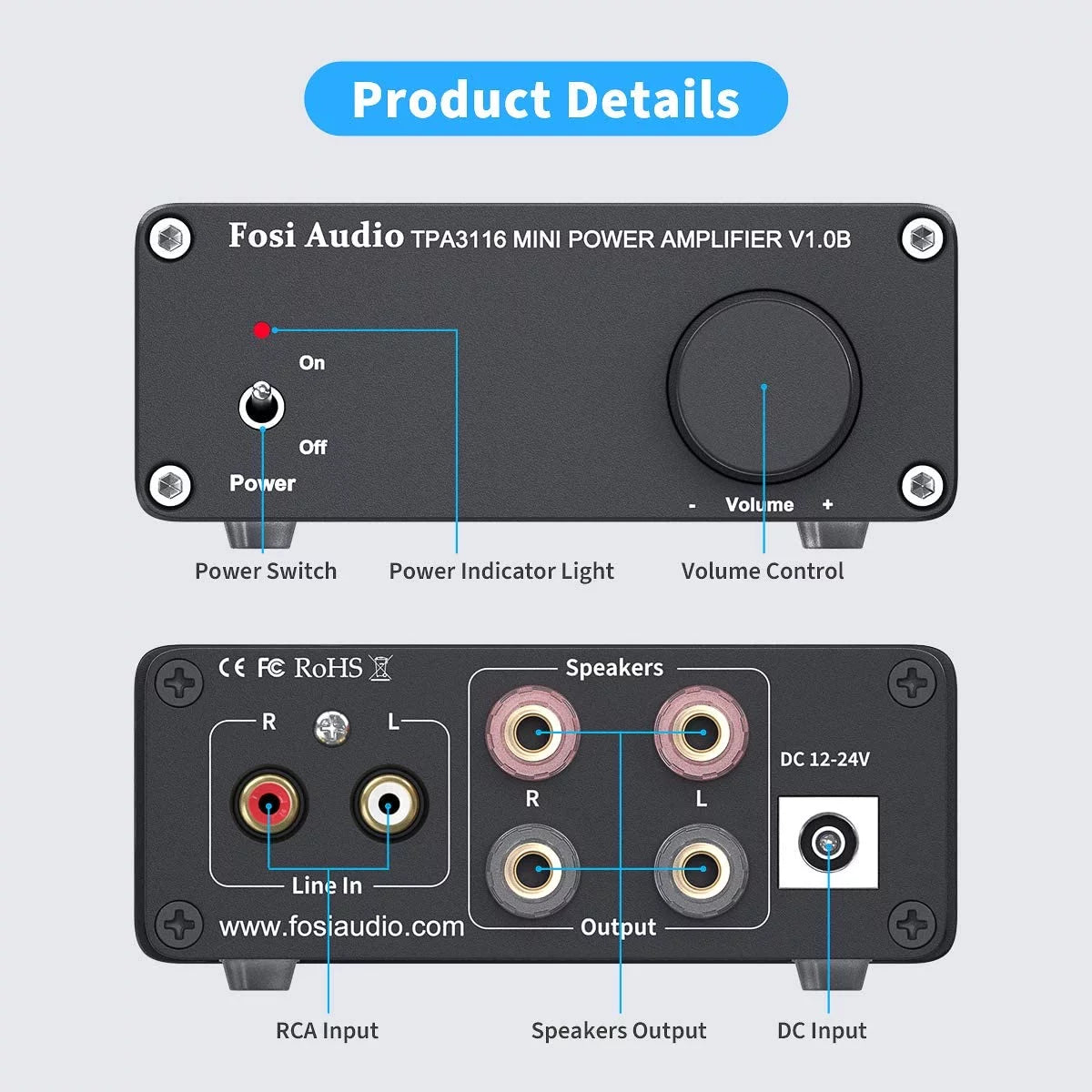 Fosi Audio V1.0B 2 Channel Amplifier Stereo Audio Amp Mini Hi-Fi Class D Integrated TPA3116 Amp Home Speakers 50W x 2 with 19V 4.74A Power Supply