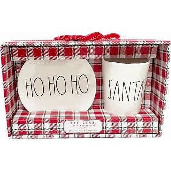 Rae Dunn HO HO HO Oval Plate and SANTA Tumbler Ivory Melamine with Black LL Letters Gift Set Christmas