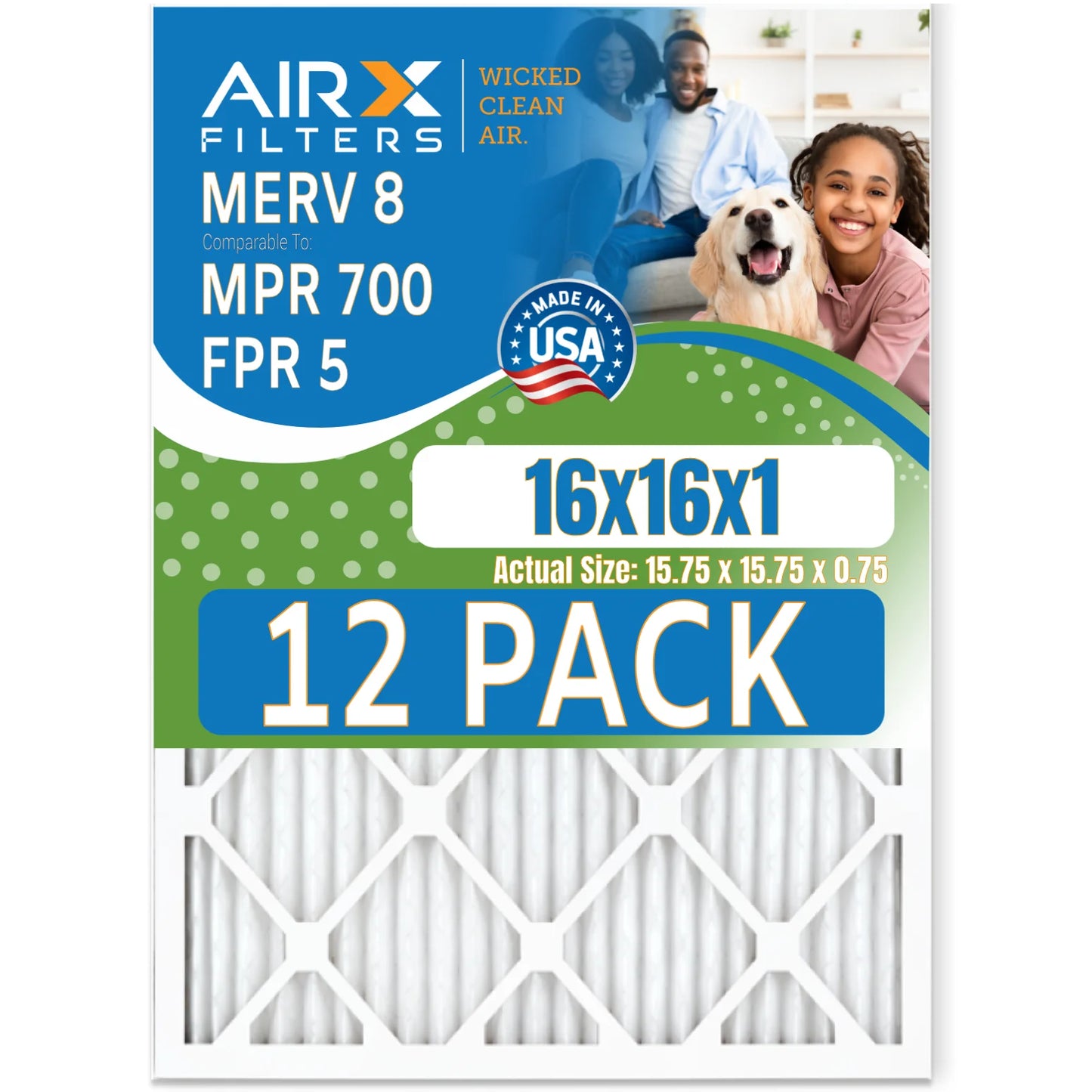 16x16x1 Air Filter MERV 8 Rating, 12 Pack of Furnace Filters Comparable to MPR 700 & FPR 5 - Made in USA by AIRX FILTERS WICKED CLEAN AIR.