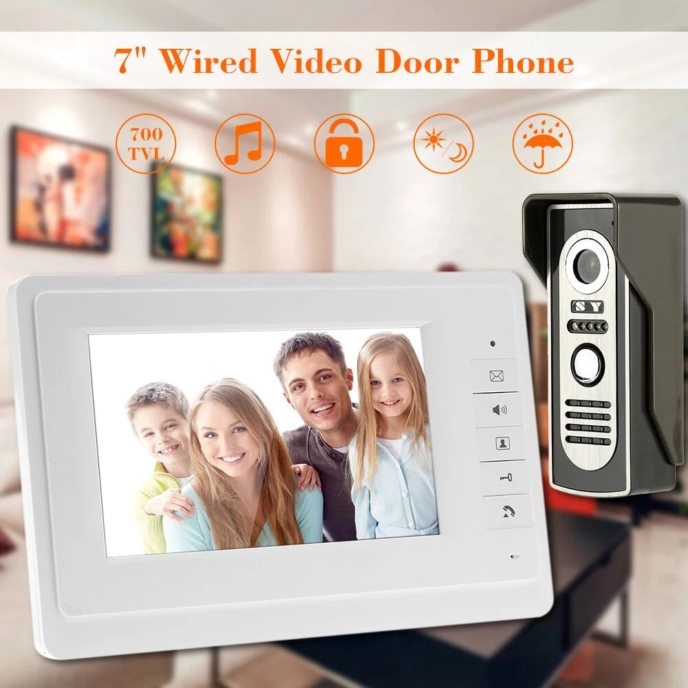 7” Wired Video Door Phone System Visual Doorbell with Indoor Monitor and Outdoor Camera support Unlock Infrared Night View Rainproof Home