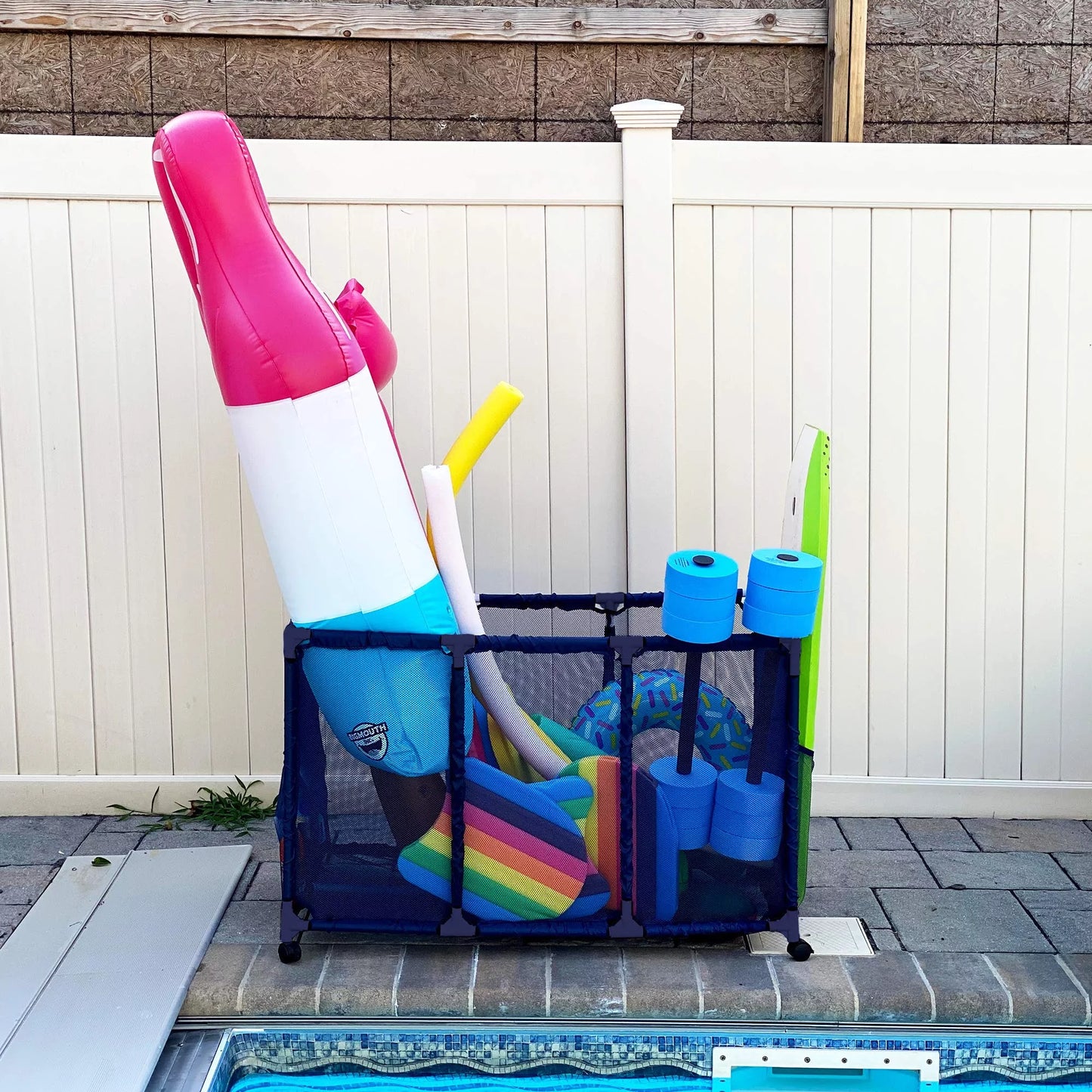 Essentially Yours Pool Noodles Holder, Toys, Floats, Balls and Floats Equipment Mesh Rolling Storage Organizer Bin, Kids Height, Large, (43" W x 25" L x 28" H), Blue Style 563009