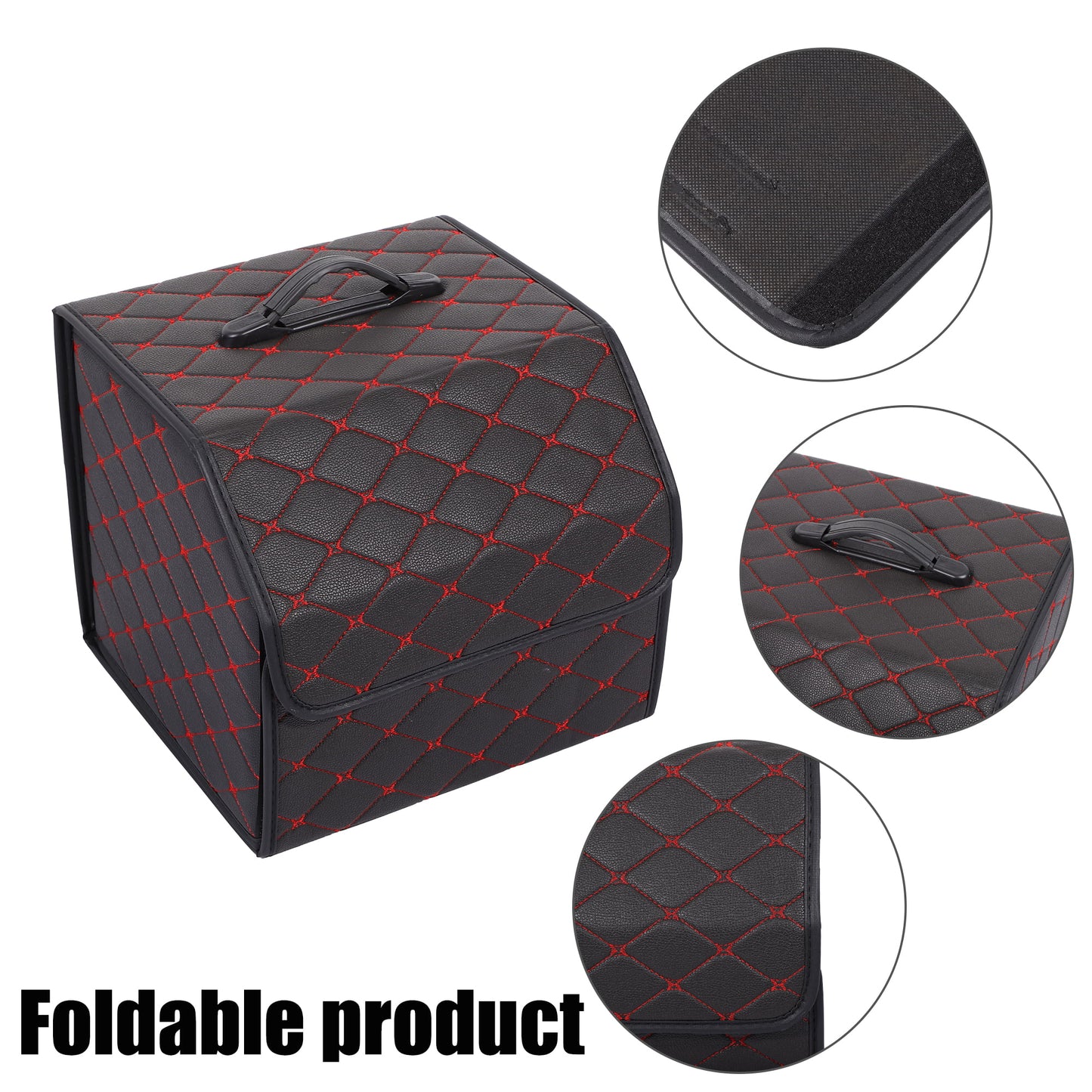 33x31x29cm Black PU Leather Car Storage Bag Trunk Organiser Foldable Boot Bag with Handle Truck SUV Red Stitches
