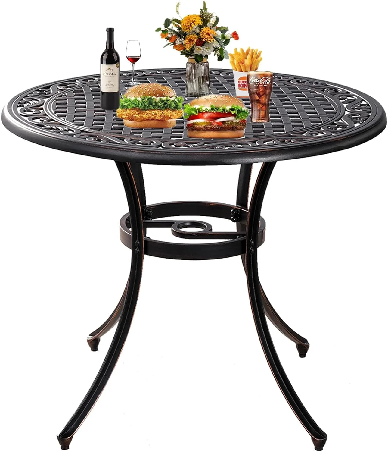 35.5 Inch Patio Bistro Dining Table, Cast Aluminum Patio Table with 1.97" Umbrella Hole,Round Outdoor Dining Table Garden, Patio, Porch