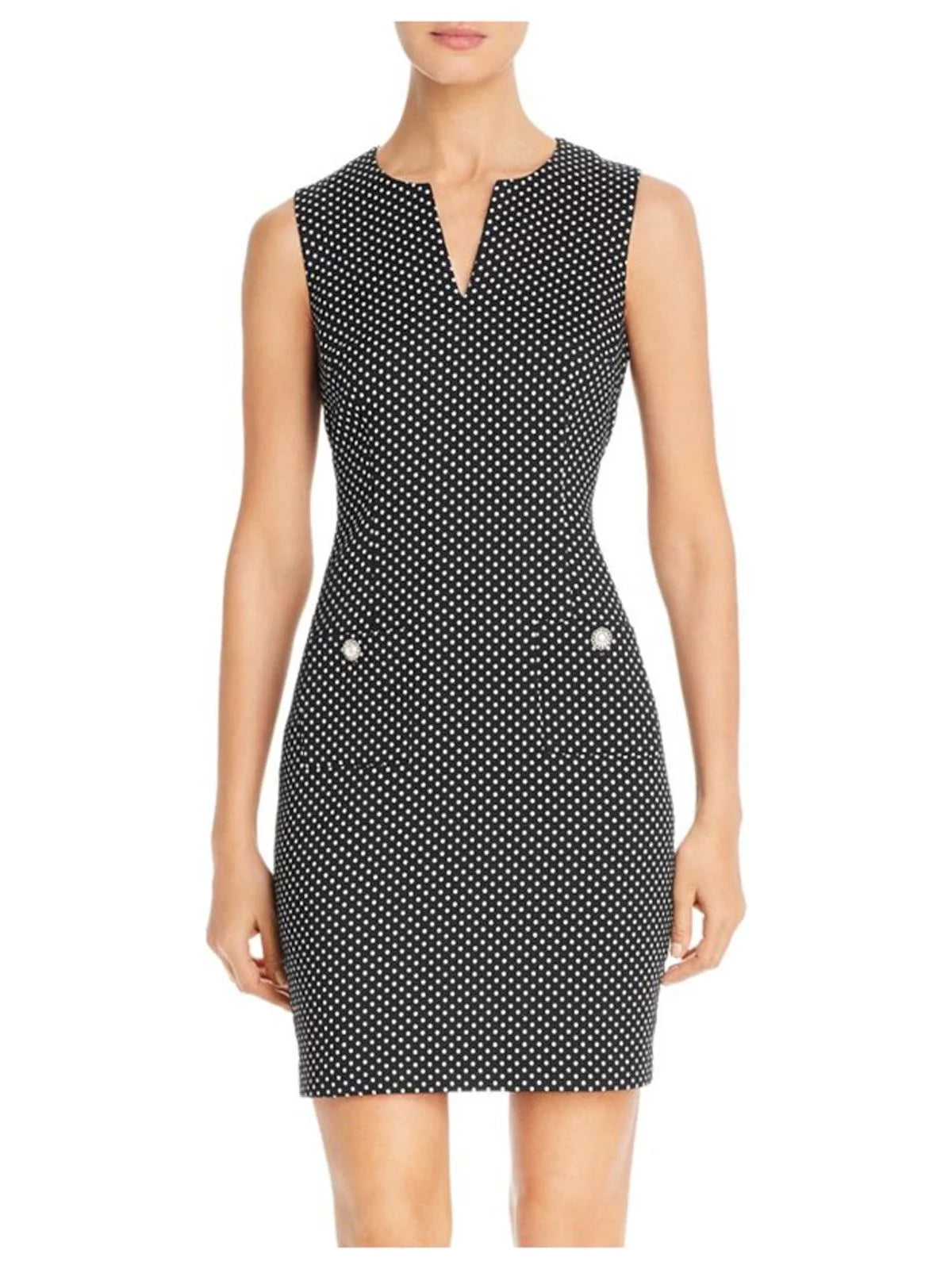 KARL LAGERFELD Womens Black Stretch Pocketed Zippered Polka Dot Sleeveless Split Short Cocktail Sheath Dress 4