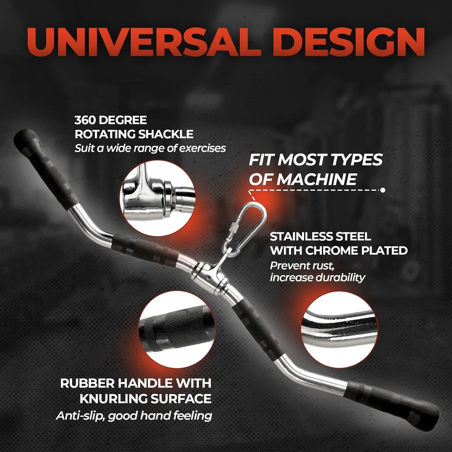 Yes4All Wide Grip LAT Pull Down Bar Attachments with Rubber Handles/Curl LAT Pulldown Attachment Gym Equipment, Press Down Bar/Cable Attachment Rubber Handgrips
