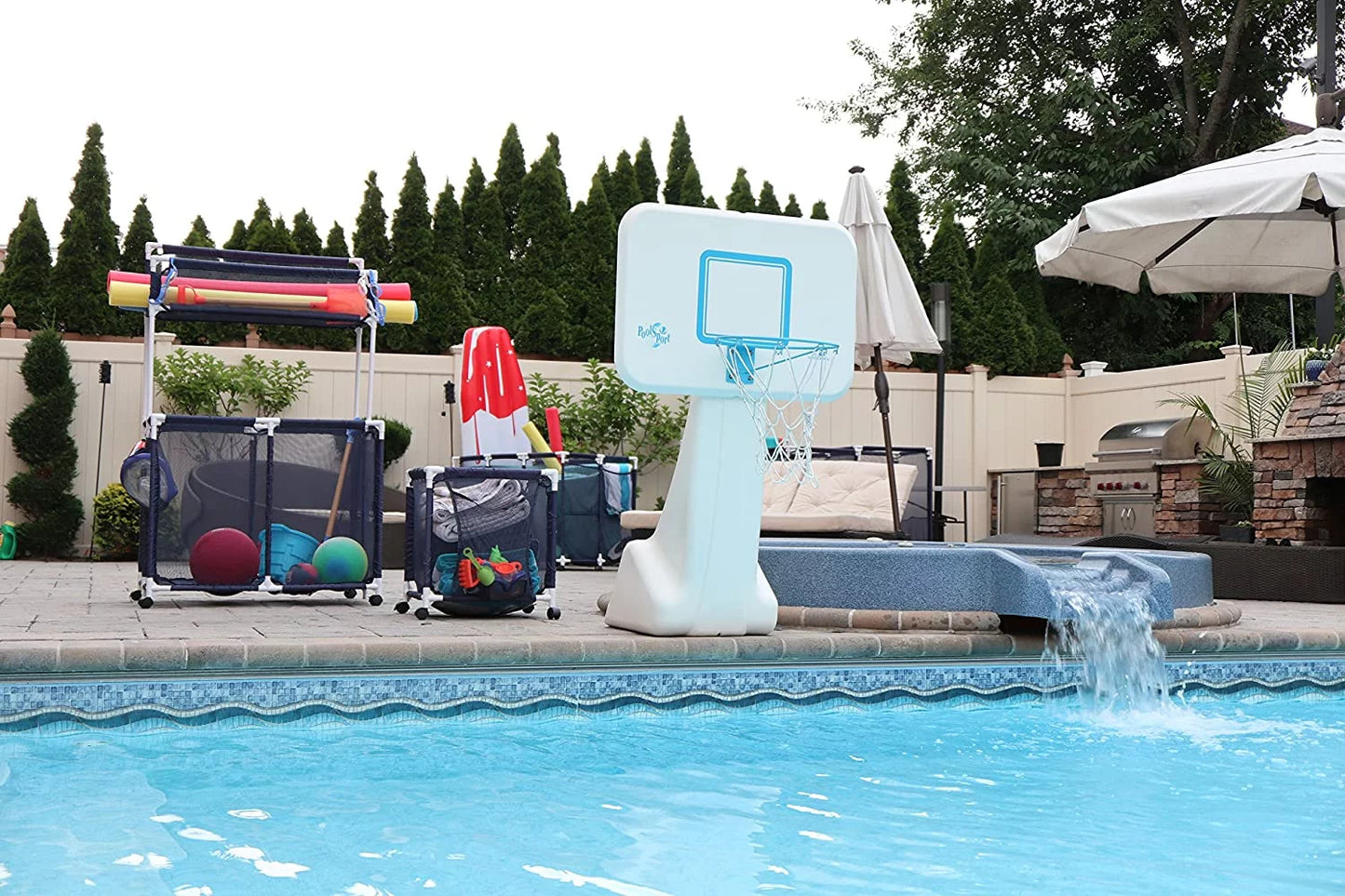 Essentially Yours Pool Noodles Holder, Toys, Floats, Balls and Floats Equipment Mesh Rolling Storage Organizer Bin, Kids Height, Large, (43" W x 25" L x 28" H), Blue Style 563009