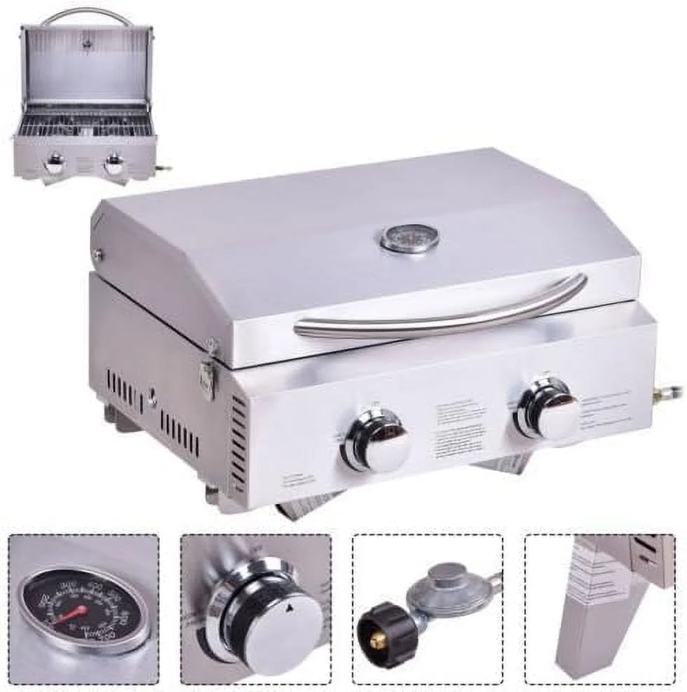 2 Burner Stainless Steel Portable BBQ Table Top Propane Gas Grill Outdoor Camp
