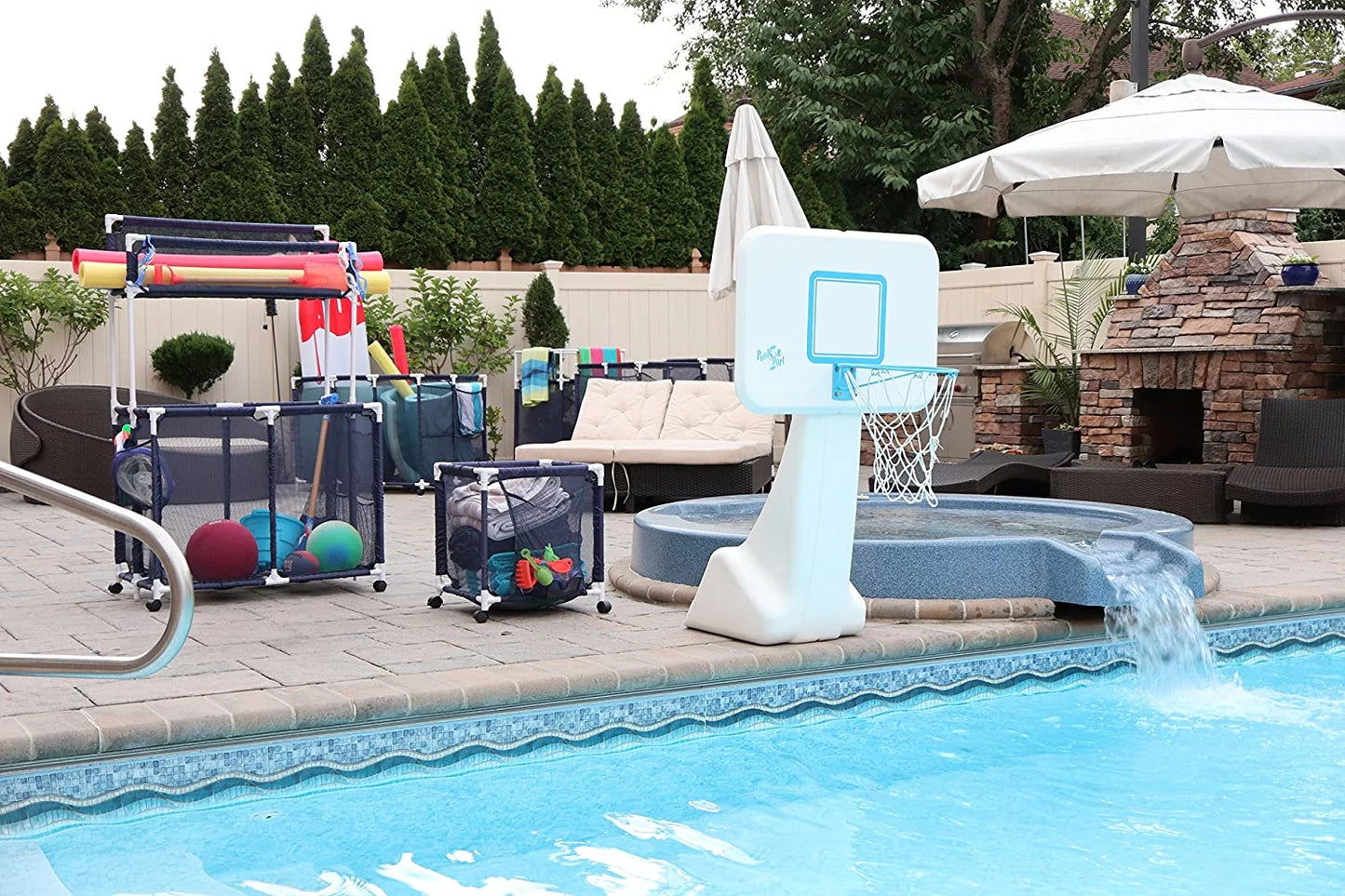 Essentially Yours Pool Noodles Holder, Toys, Floats, Balls and Floats Equipment Mesh Rolling Storage Organizer Bin, Kids Height, Large, (43" W x 25" L x 28" H), Blue Style 563009