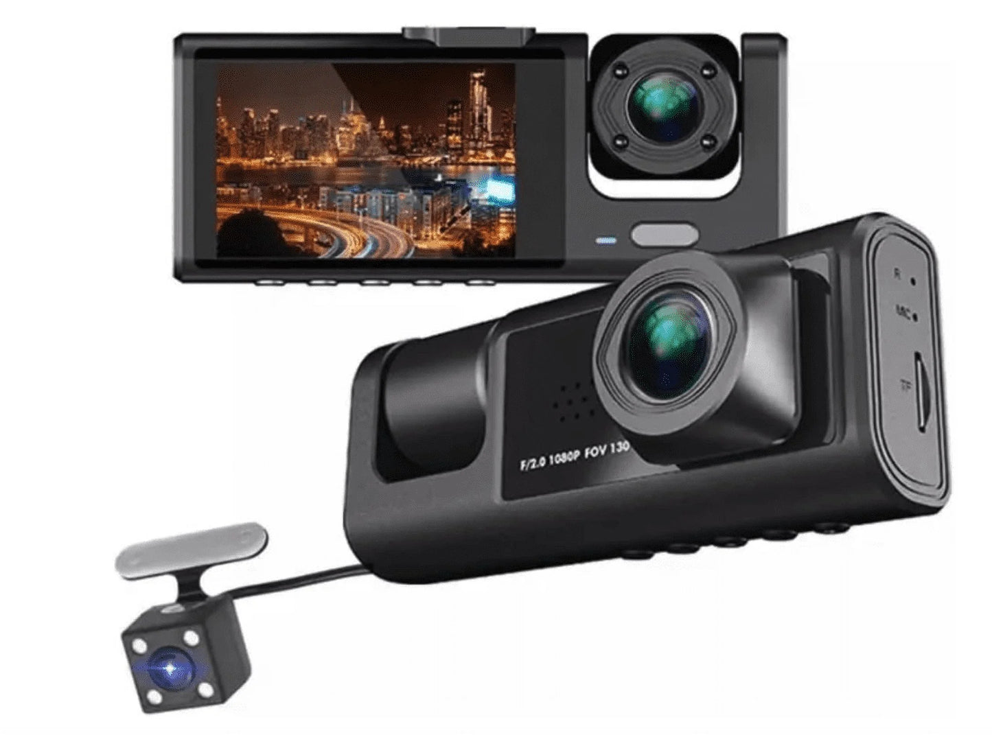 3 Channel Dash cam, 2-inch Screen Driving Recorder, High-Definition 1080P, Night Vision, Loop recording, Motion Detection, G-Sensor +32 GB SD Card