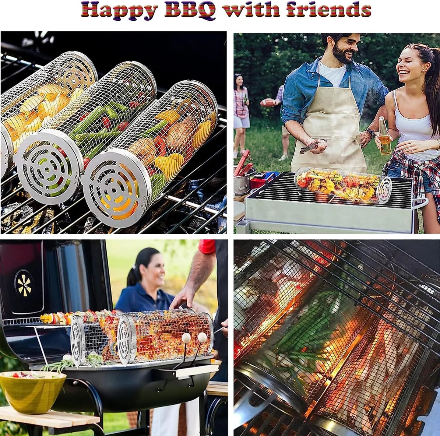 2PC Rolling Grilling Basket,Round Barbecue BBQ Grilling Basket ,Portable Outdoor Camping BBQ Rack Fish, Shrimp, Vegetables, Barbeque Griller Cooking Accessories