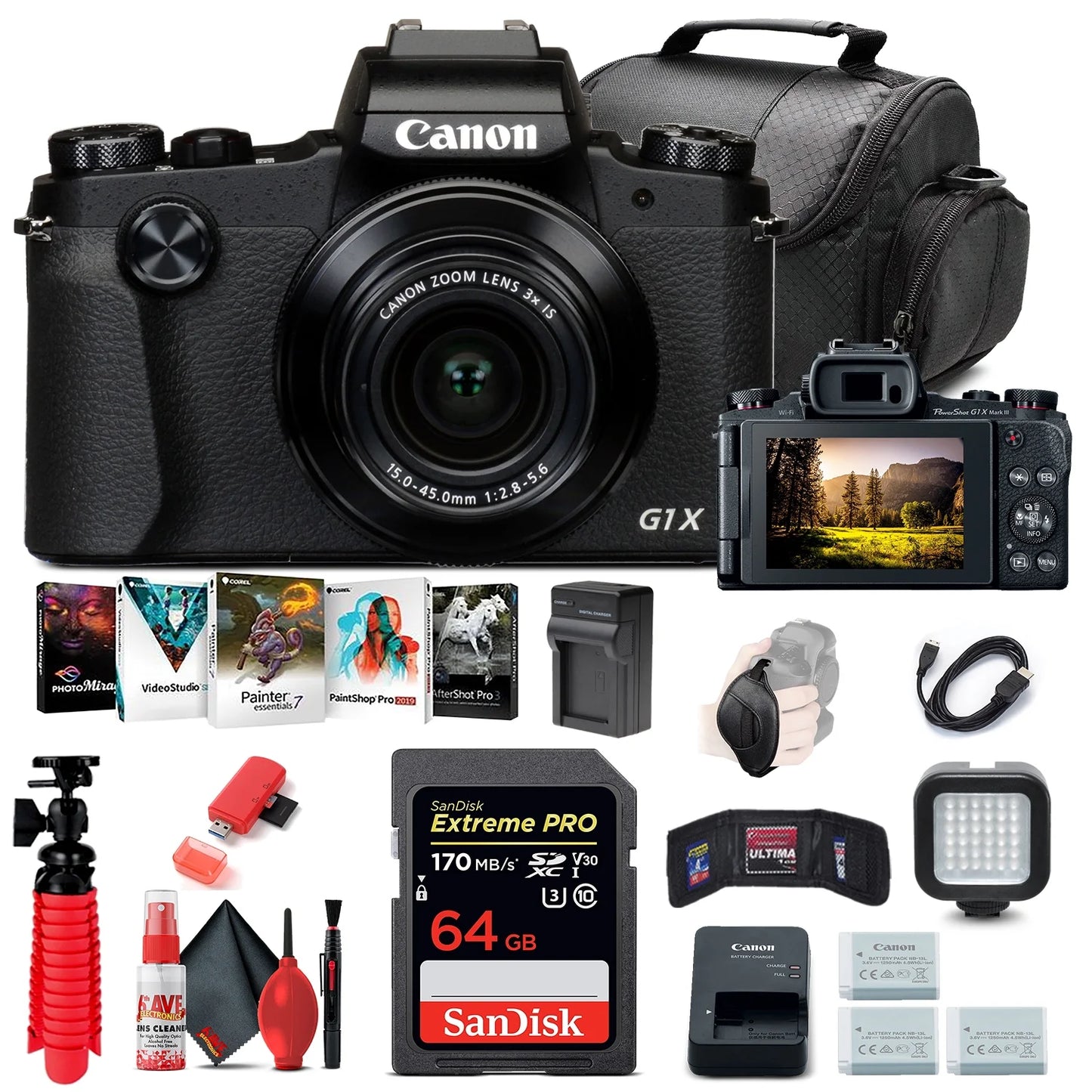 6TH Ave Electronics Bundle For Canon PowerShot G1 X Mark III Digital Camera (2208C001), 64GB Card, 2 x NB13L Battery, Corel Software, Charger, LED Light, Soft Bag + More (International Model)